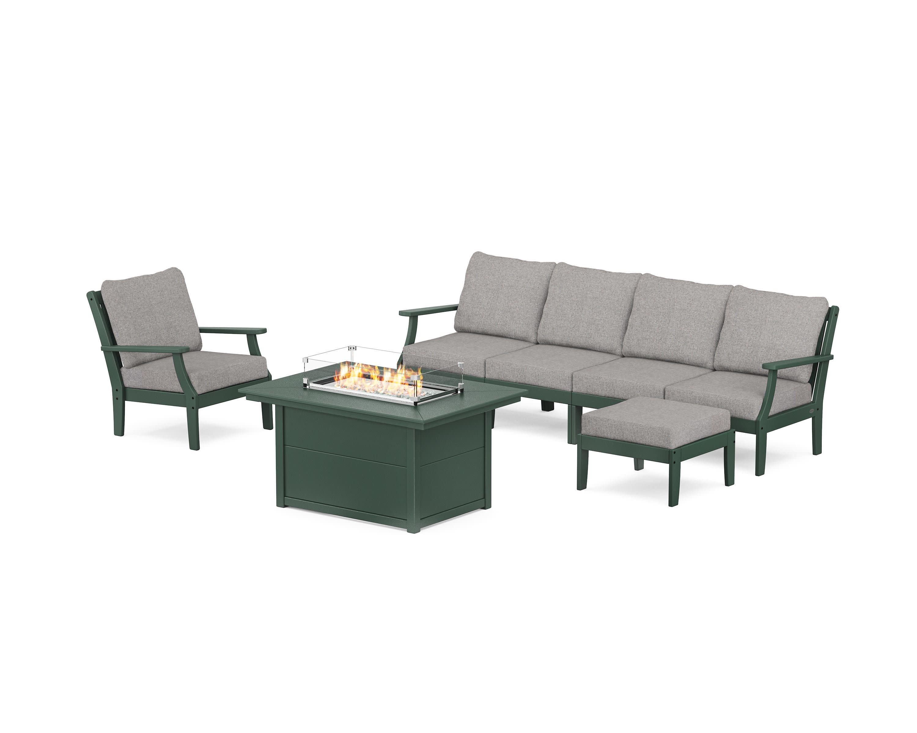 Braxton Sectional Lounge and Fire Pit Set in Green / Grey Mist