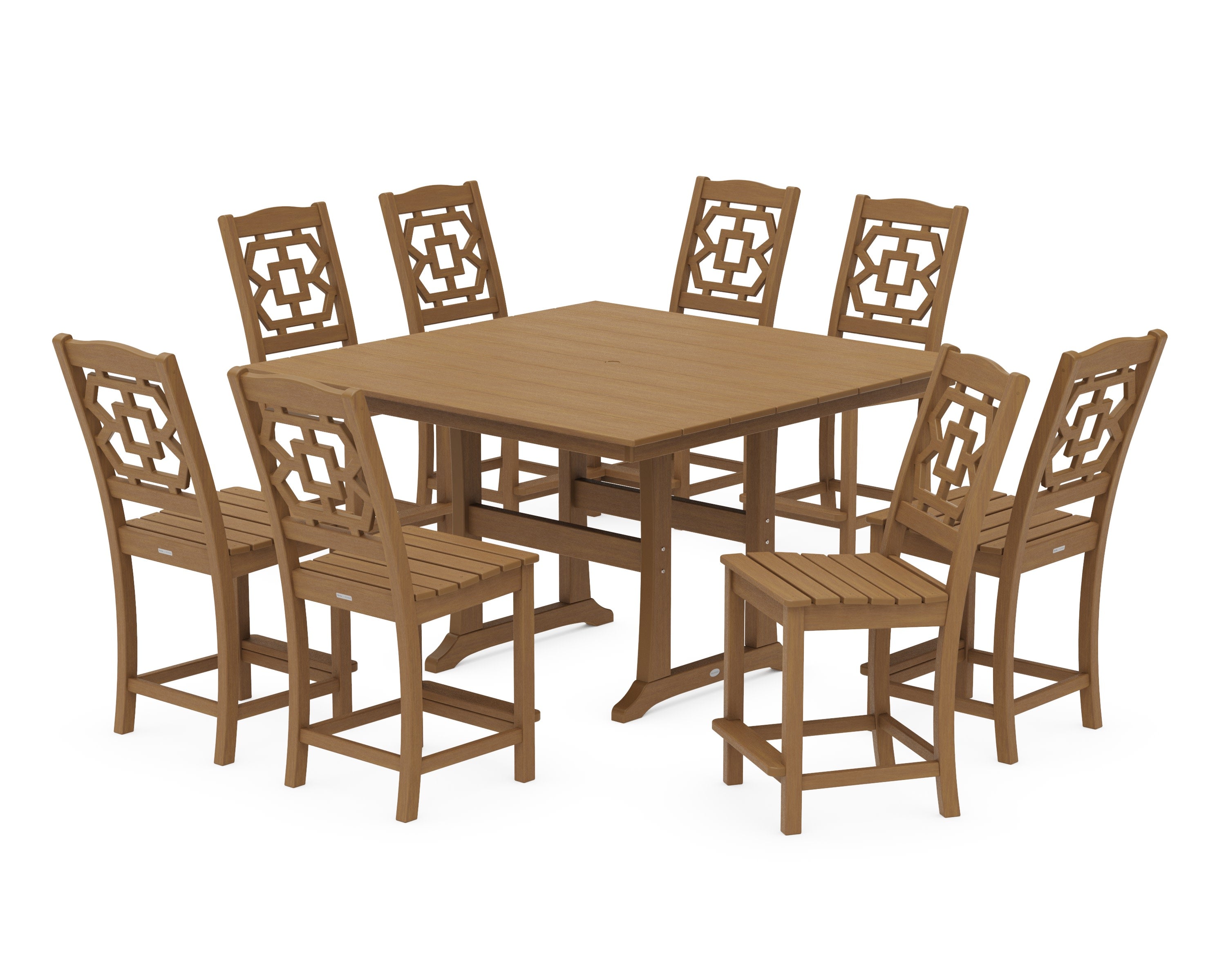 Chinoiserie 9-Piece Square Farmhouse Side Chair Counter Set with Trestle Legs in Natural