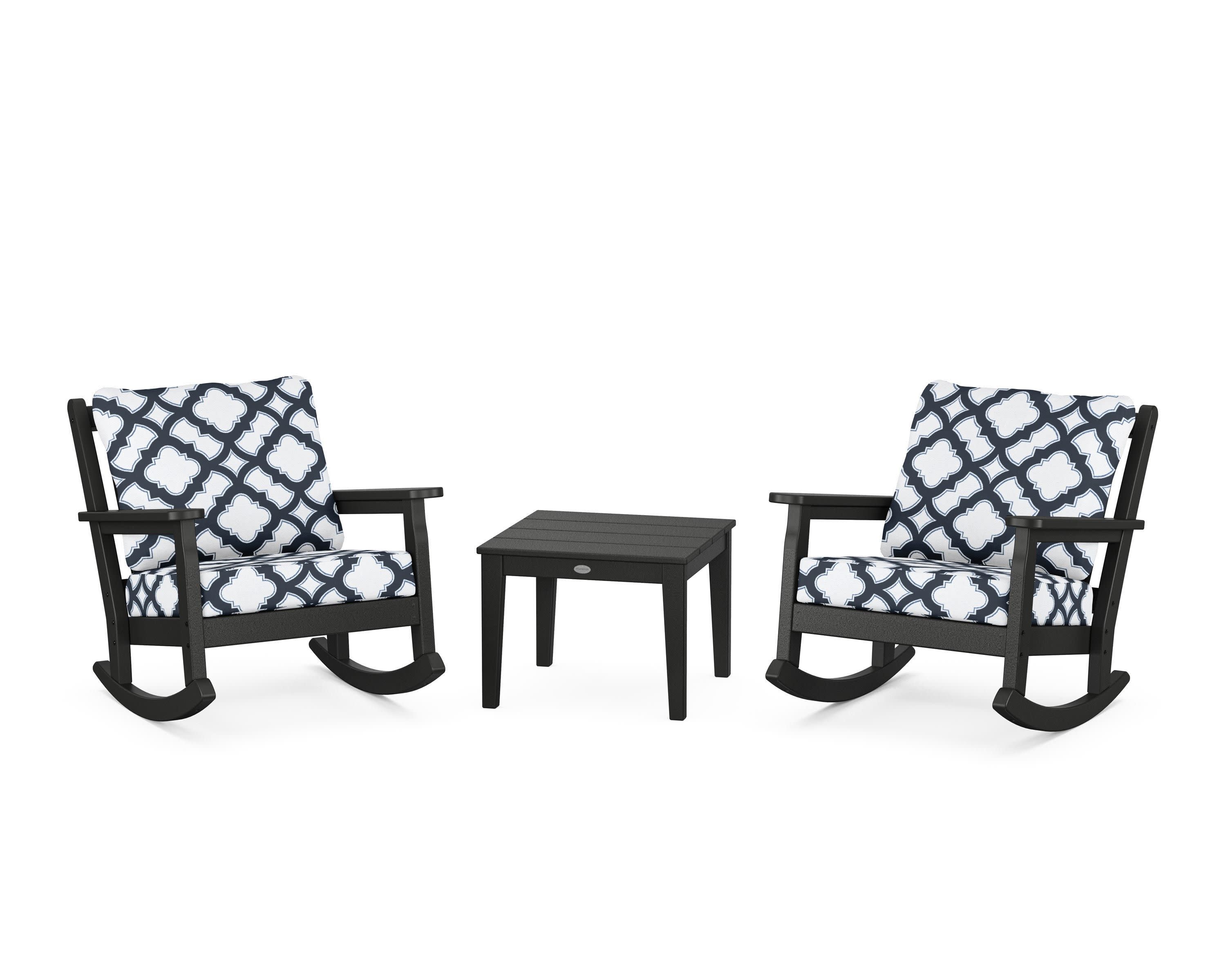 Chippendale 3-Piece Deep Seating Rocker Set in Black / Trellis Marine Indigo