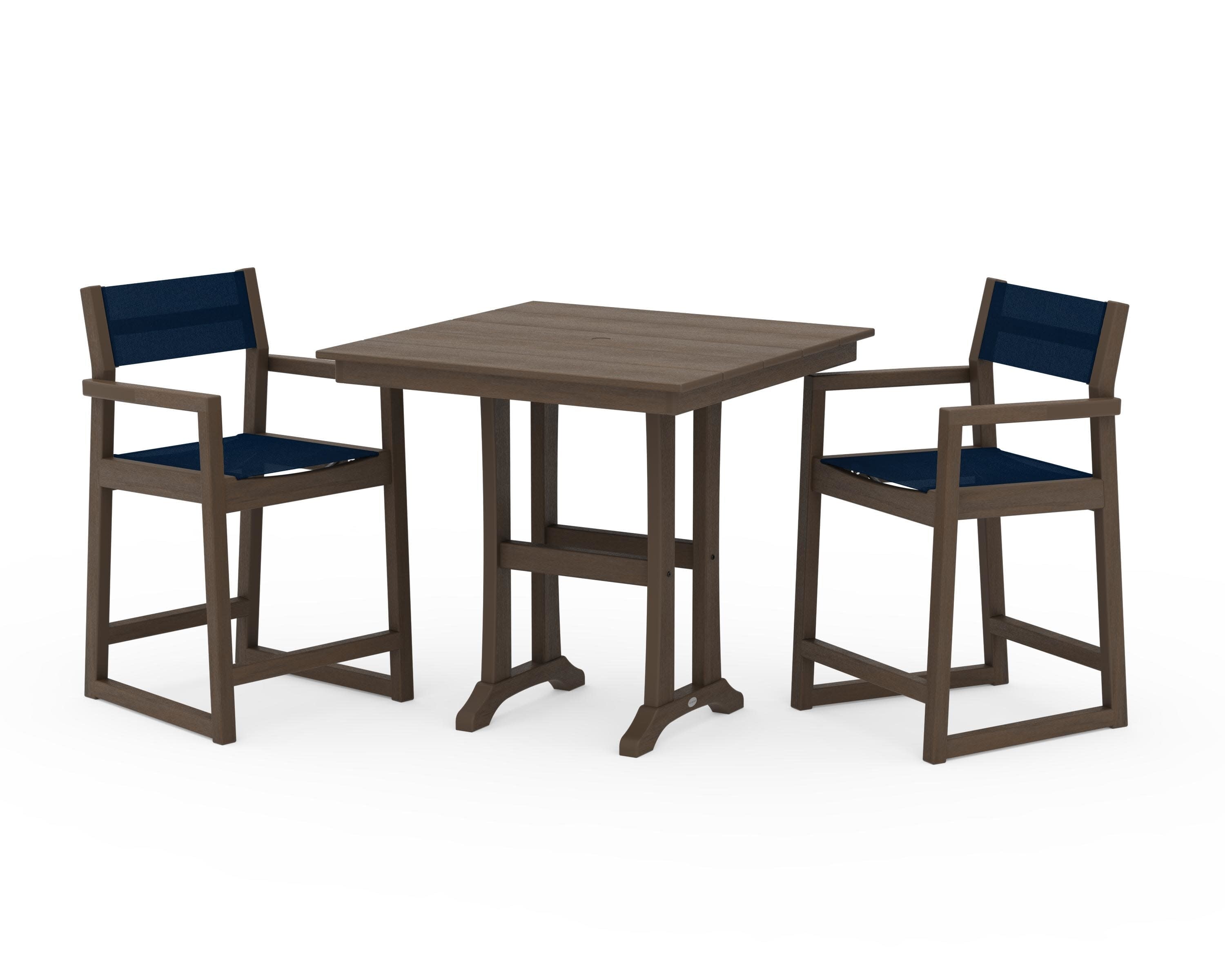 EDGE Sling Arm Chair 3-Piece Farmhouse Counter Set with Trestle Legs in Kona / Navy Blue Sling