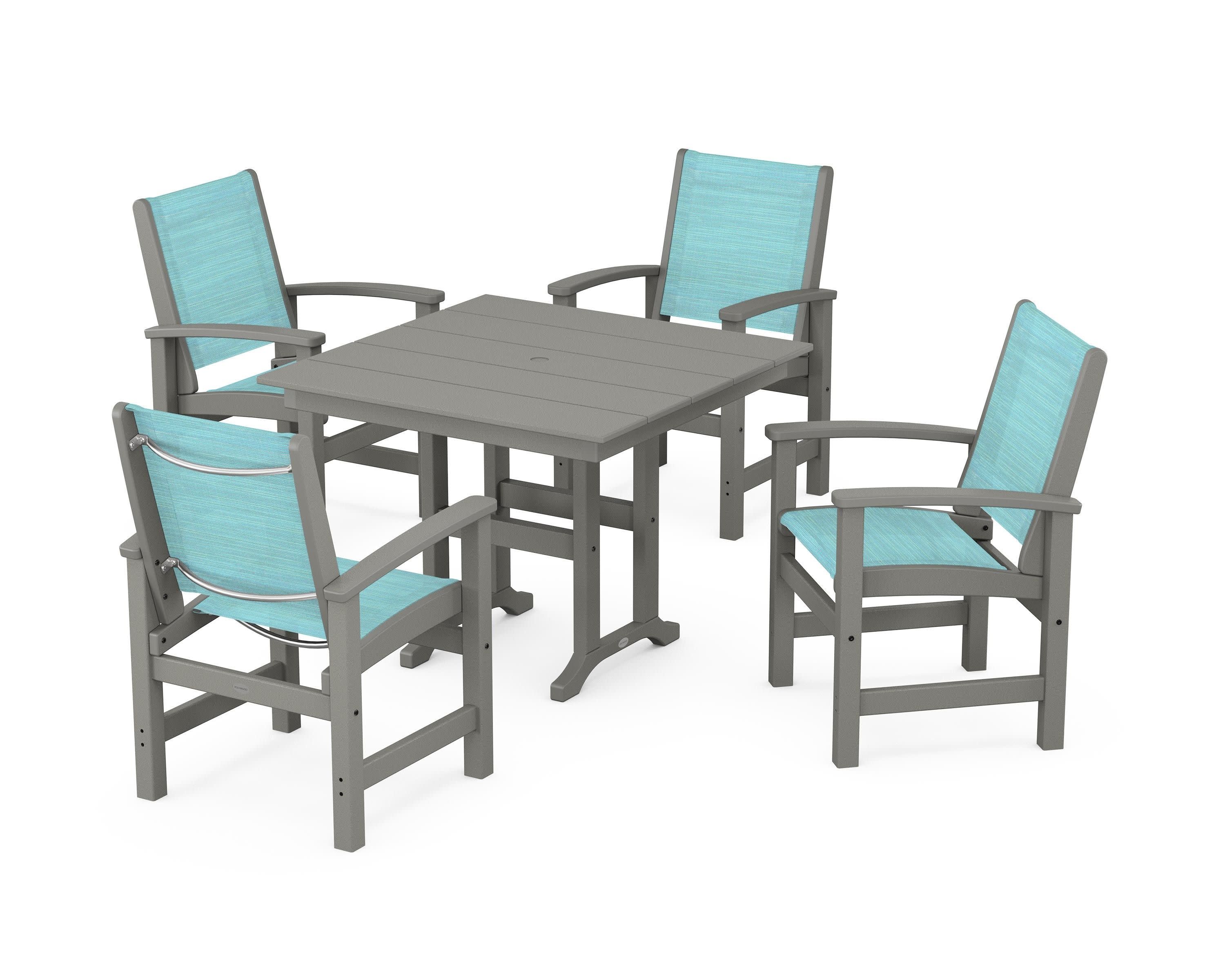 Coastal 5-Piece Farmhouse Dining Set in Slate Grey / Dupioni Aquamarine Sling