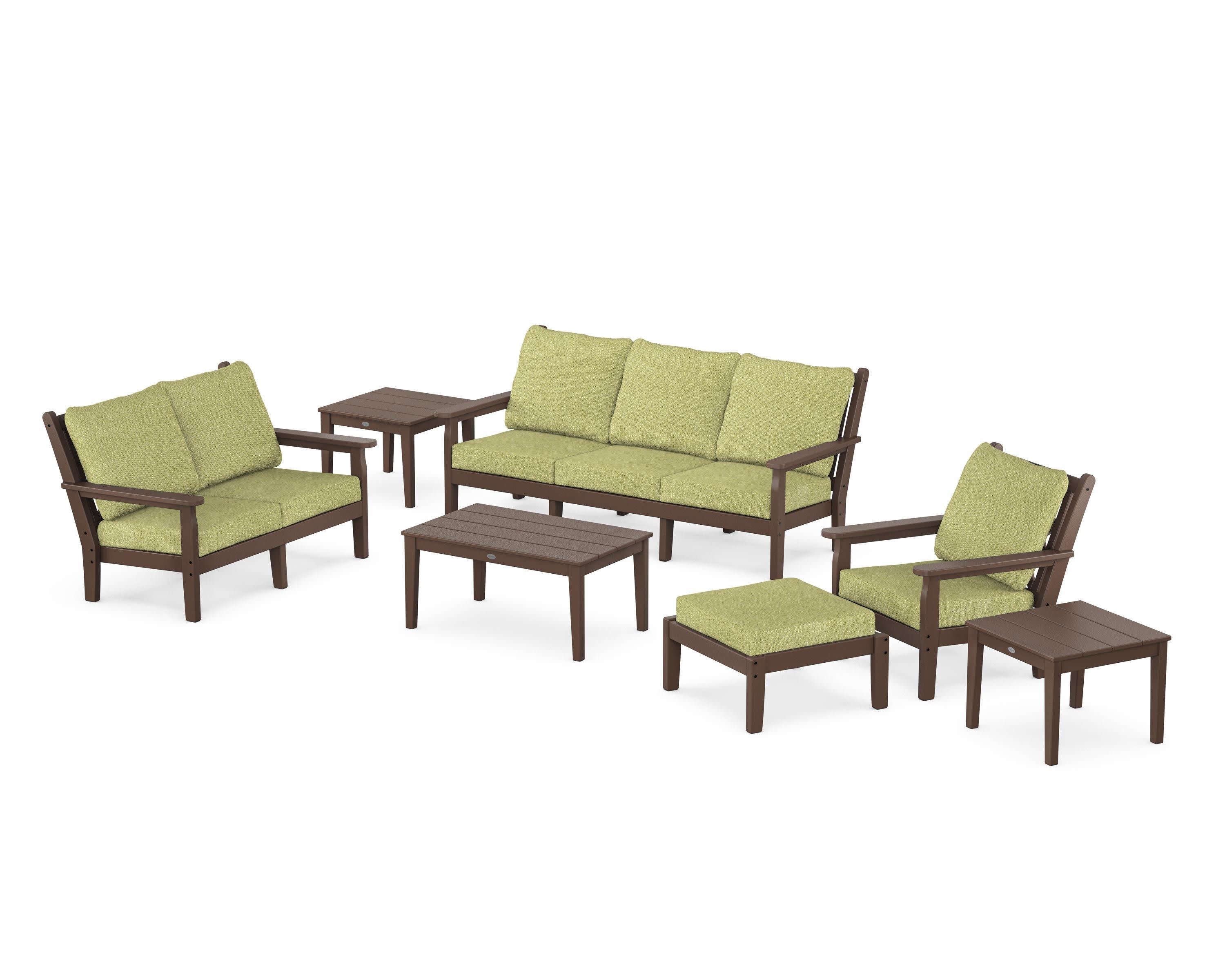 Chippendale 7-Piece Deep Seating Set in Mahogany / Chartreuse Boucle