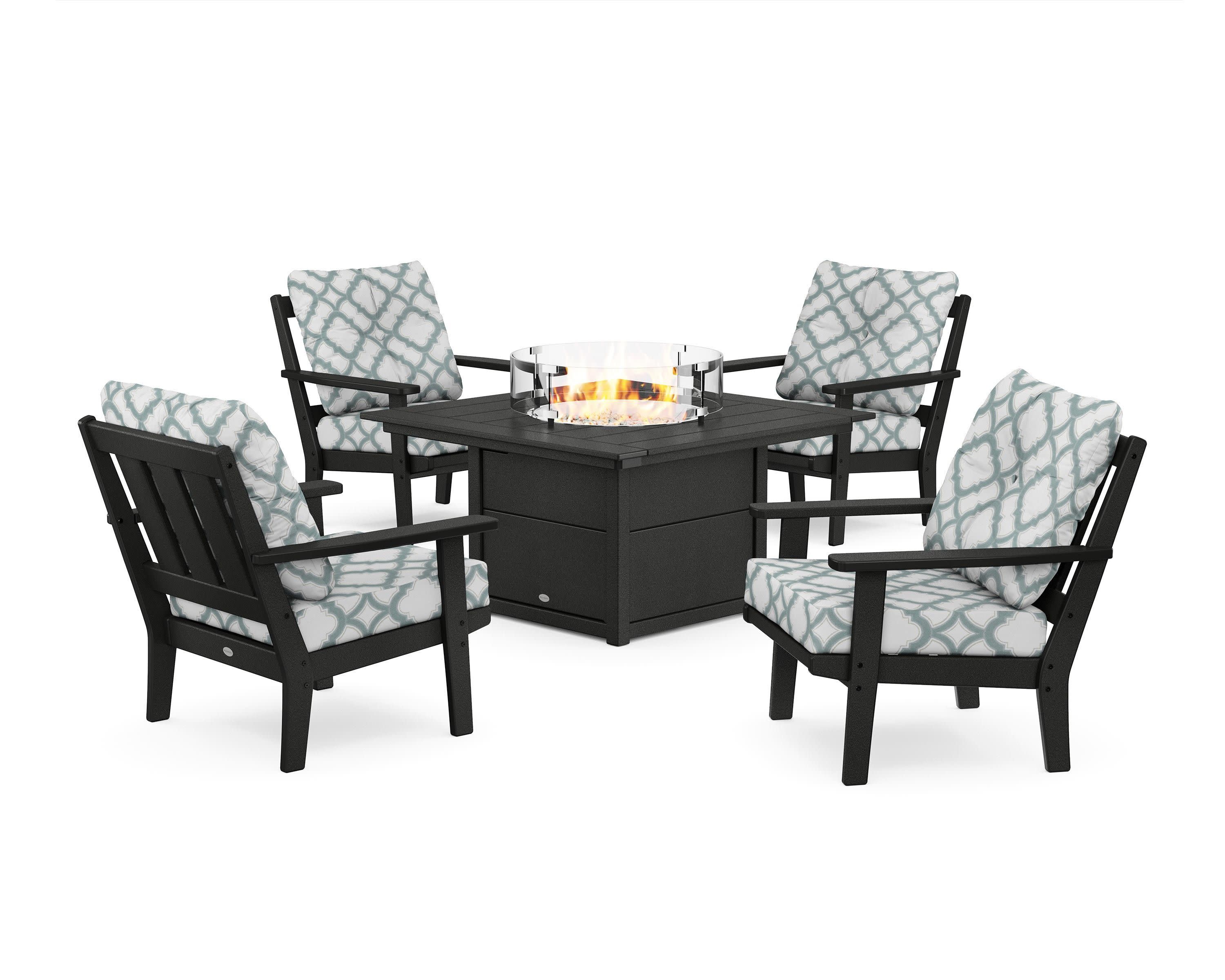 Oxford 5-Piece Deep Seating Set with Fire Pit Table in Black / Trellis Glacier Spa