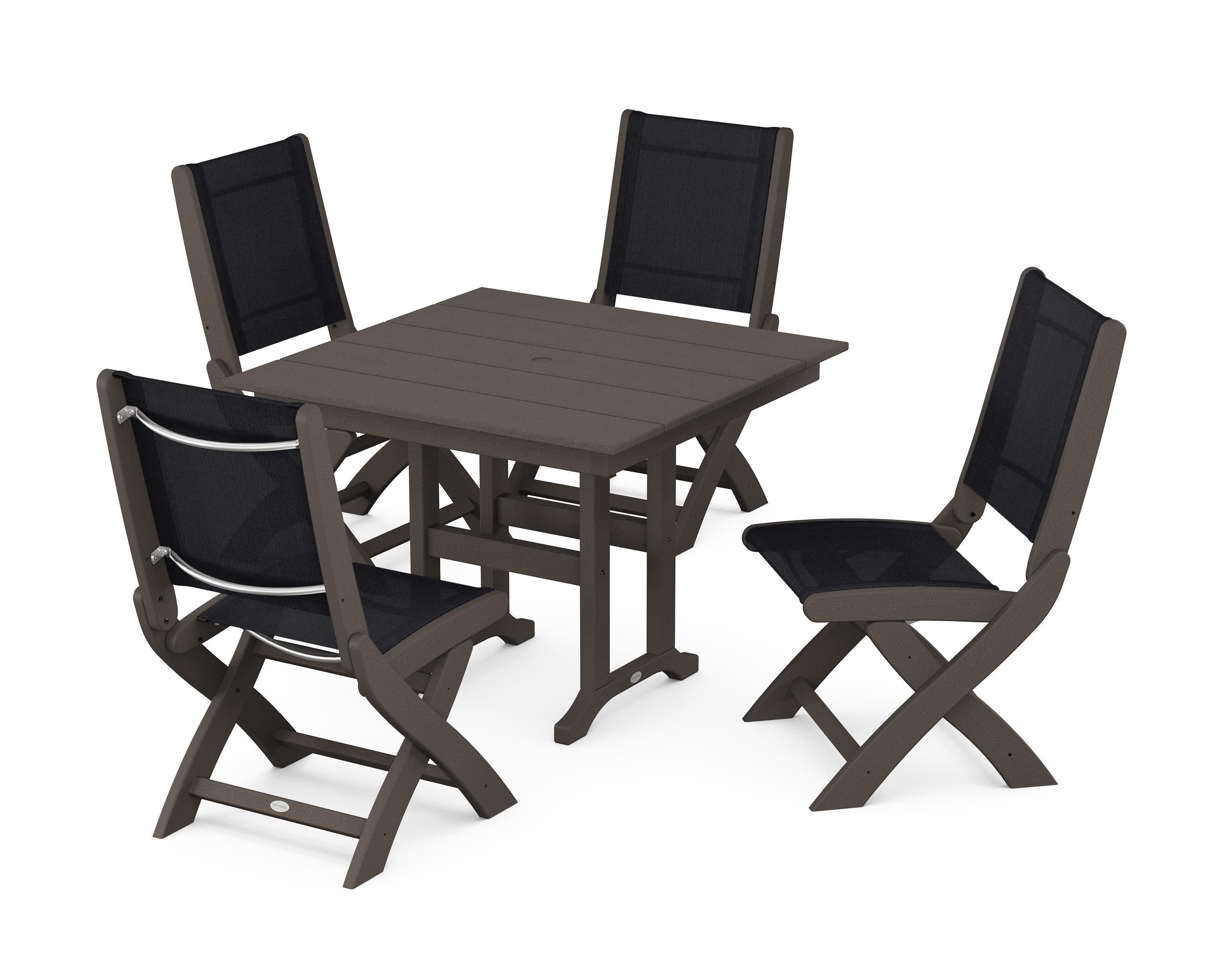 Coastal Folding Side Chair 5-Piece Farmhouse Dining Set in Vintage Coffee / Black Sling