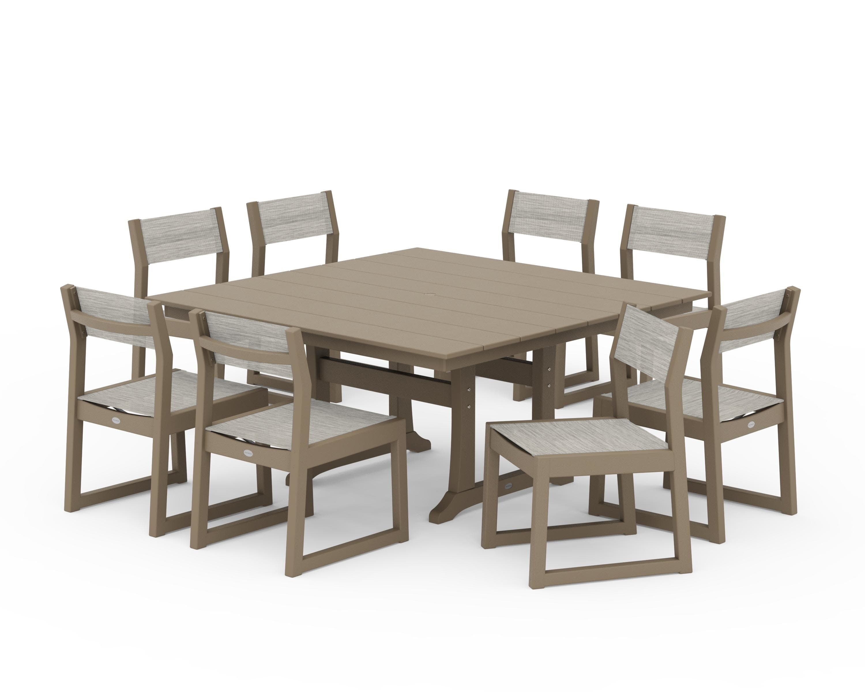 EDGE Sling Side Chair 9-Piece Farmhouse Trestle Dining Set in Vintage Sahara / Birch Sling