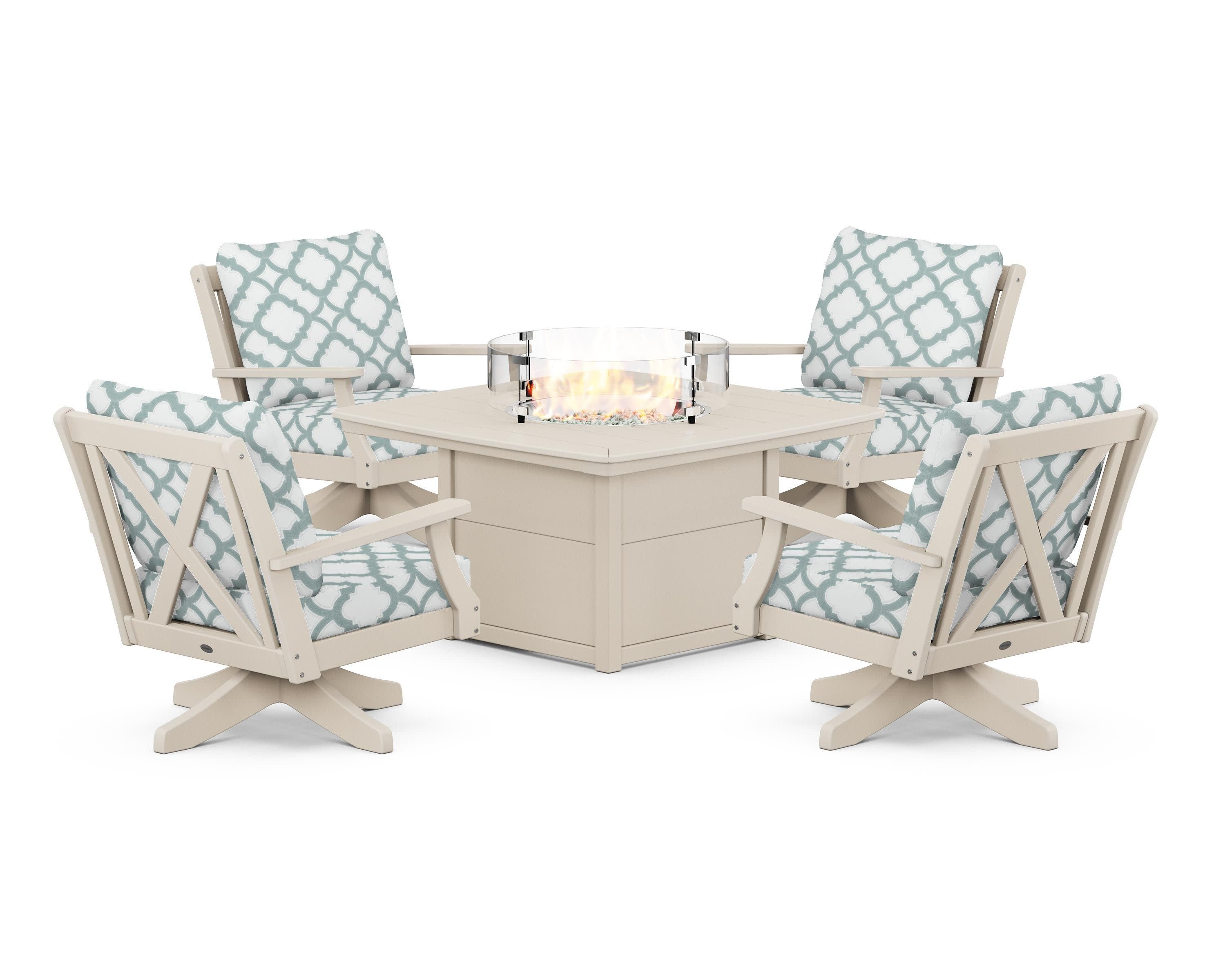 Braxton 5-Piece Deep Seating Swivel Conversation Set with Fire Pit Table in Sand / Trellis Glacier Spa
