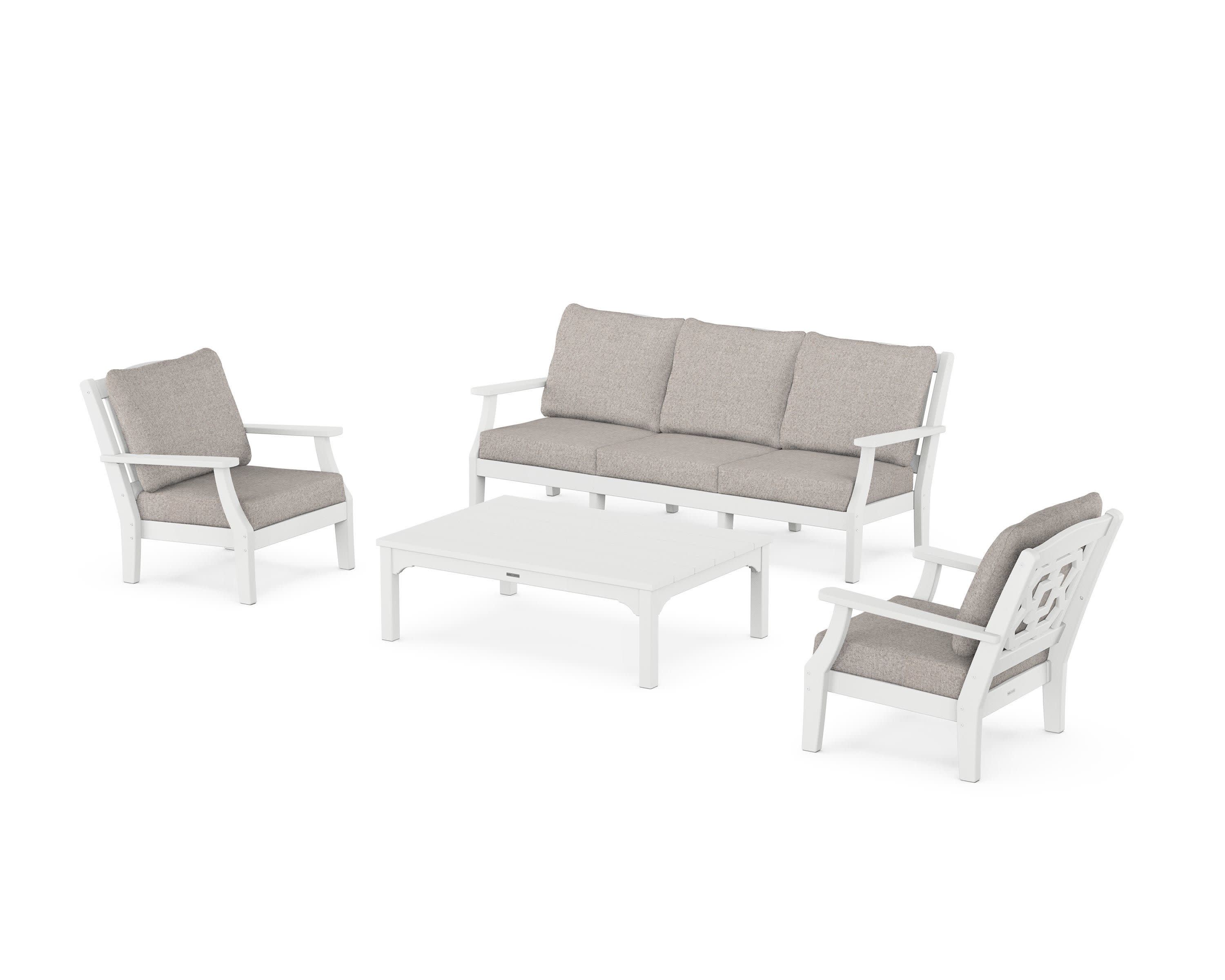 Chinoiserie 4-Piece Deep Seating Set with Sofa in White / Weathered Tweed
