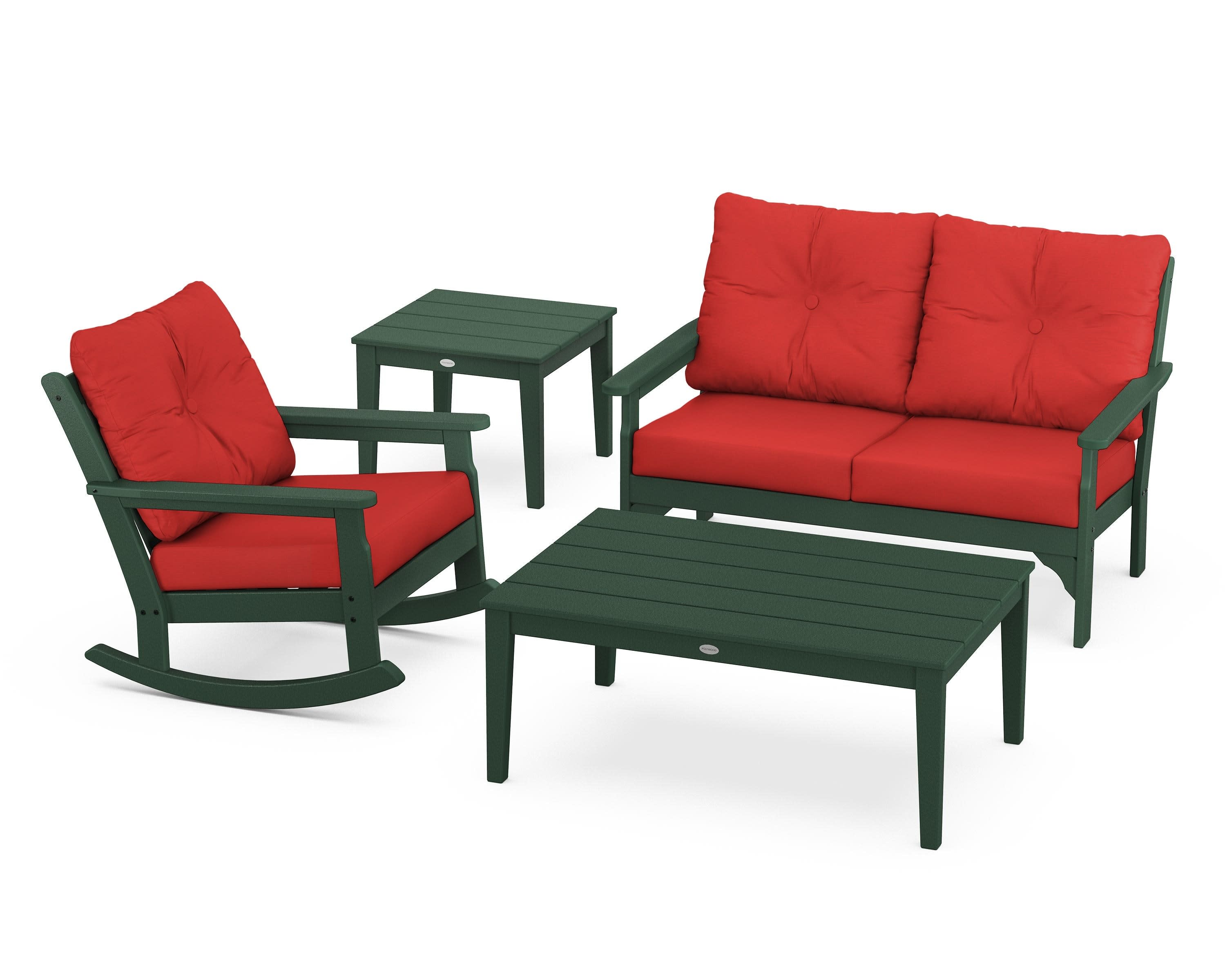 Vineyard 4-Piece Deep Seating Rocker Set in Green / Crimson Linen