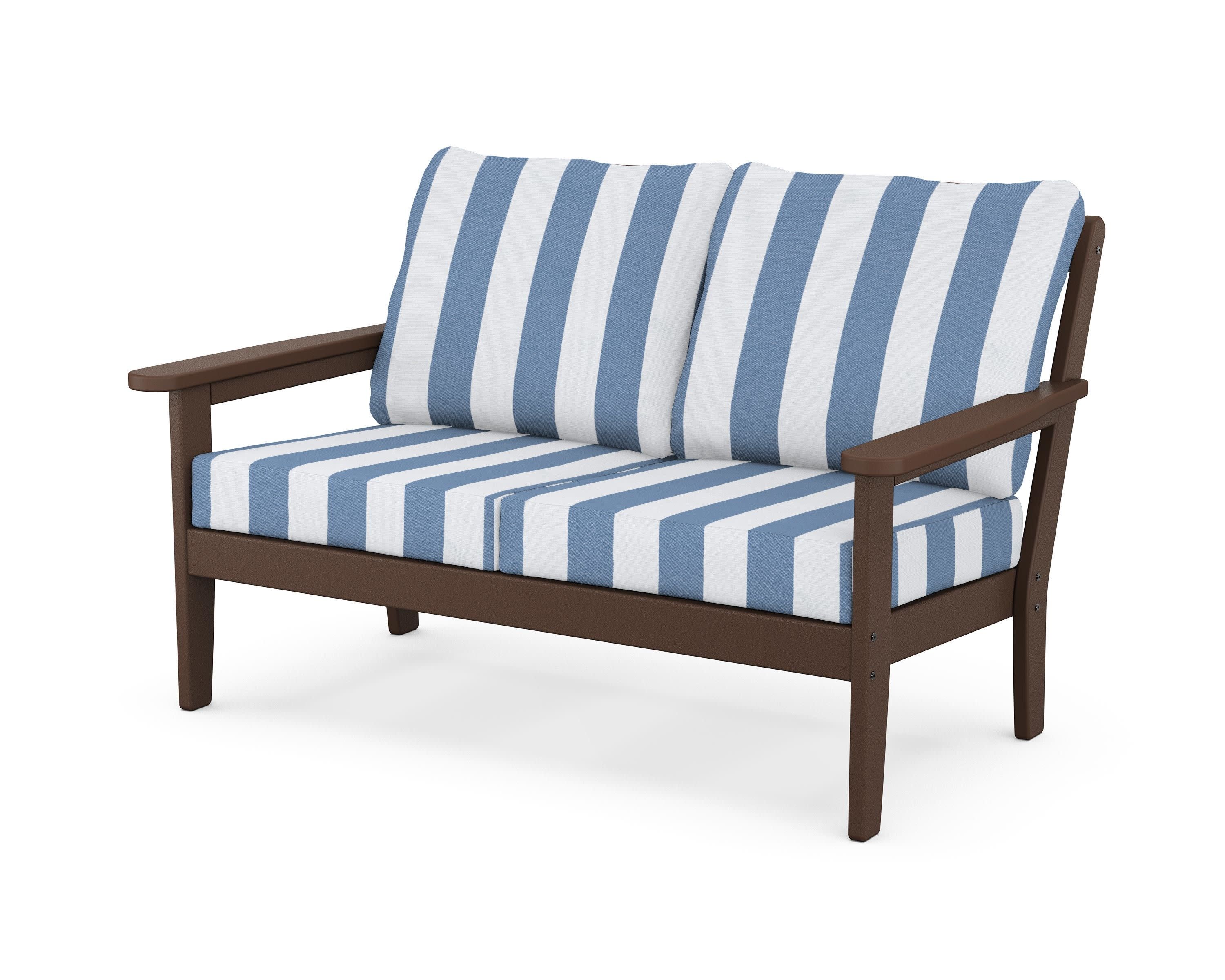 Cottage Deep Seating Loveseat in Mahogany / Cabana Stripe Sky Blue