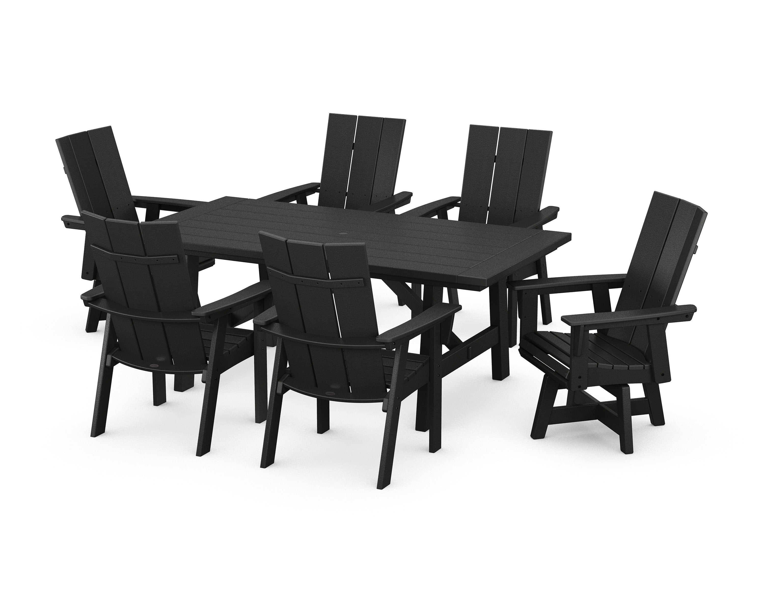 Modern Curveback Adirondack 7-Piece Rustic Farmhouse Swivel Dining Set in Black