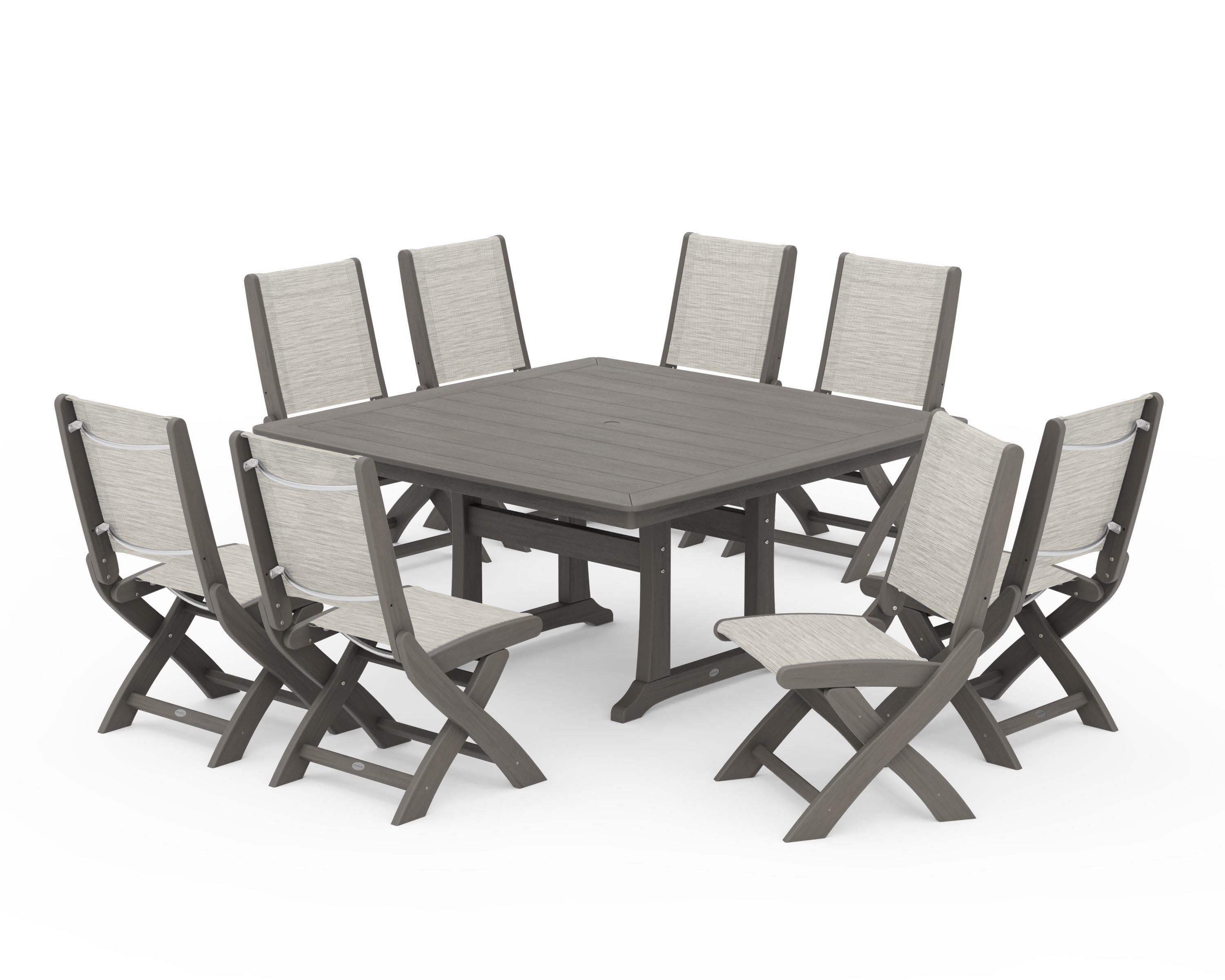 Coastal Folding Side Chair 9-Piece Dining Set with Trestle Legs in Driftwood / Birch Sling