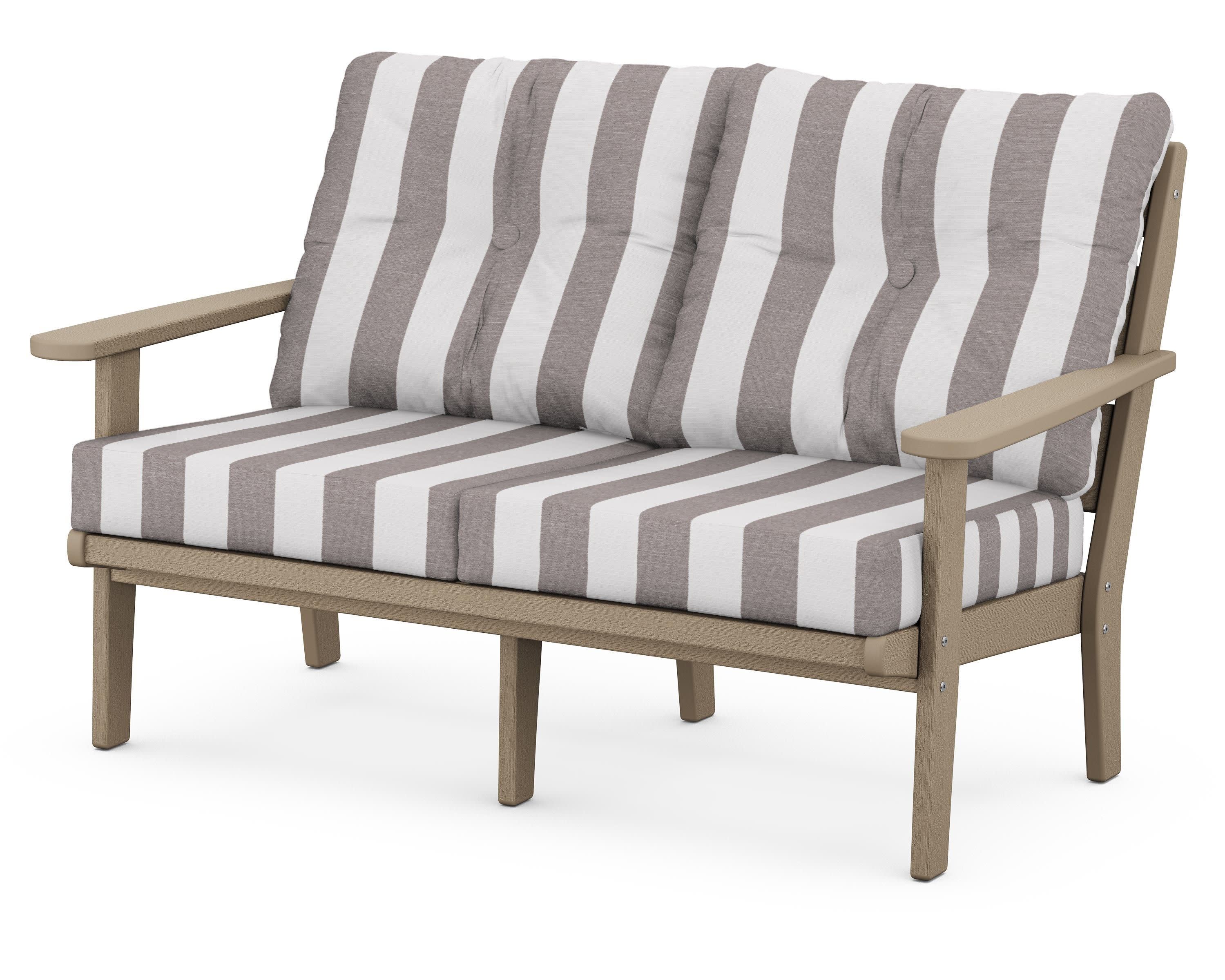 Lakeside Deep Seating Loveseat in Vintage Sahara / Cabana Stripe Grey Mist