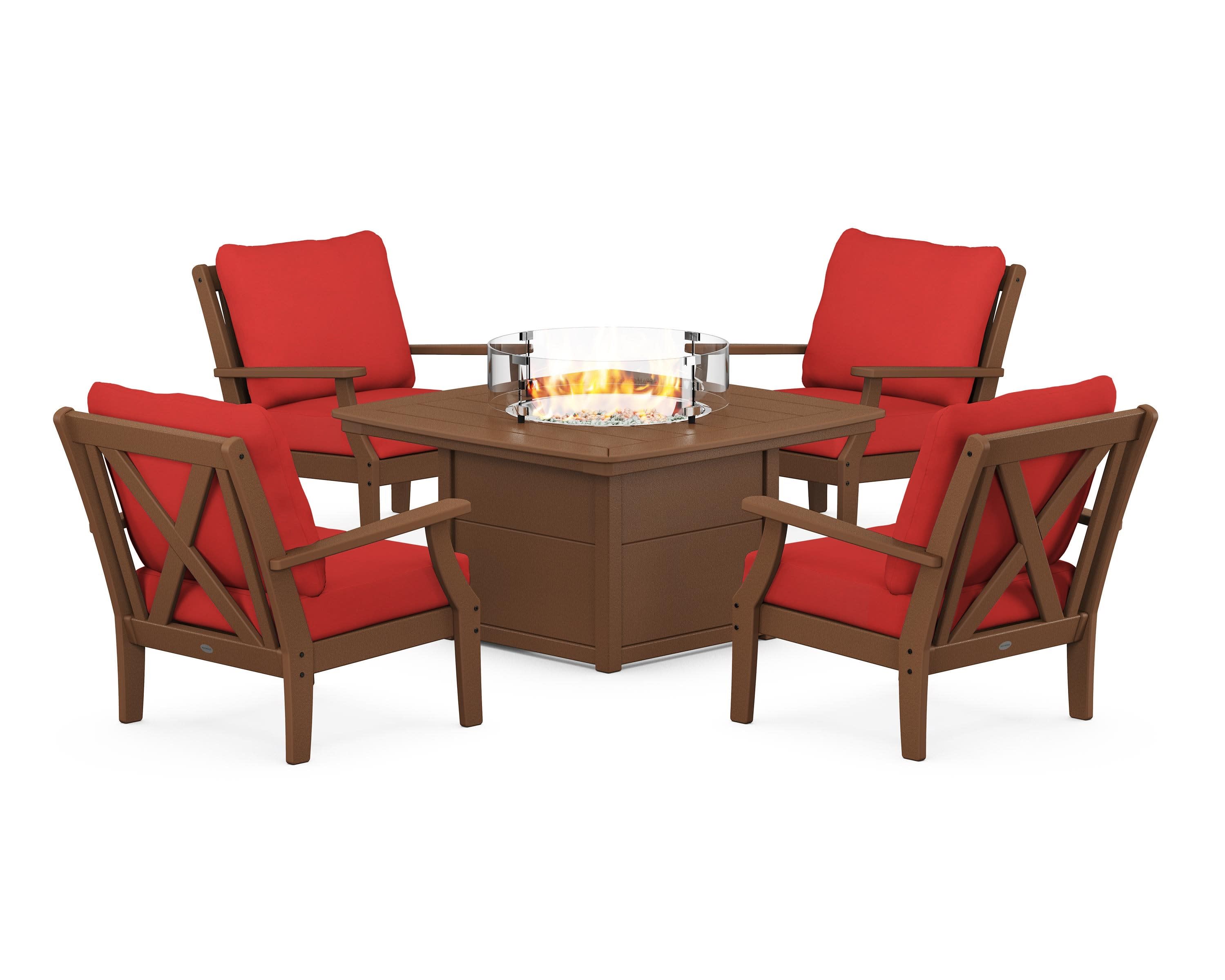 Braxton 5-Piece Deep Seating Conversation Set with Fire Pit Table in Teak / Crimson Linen