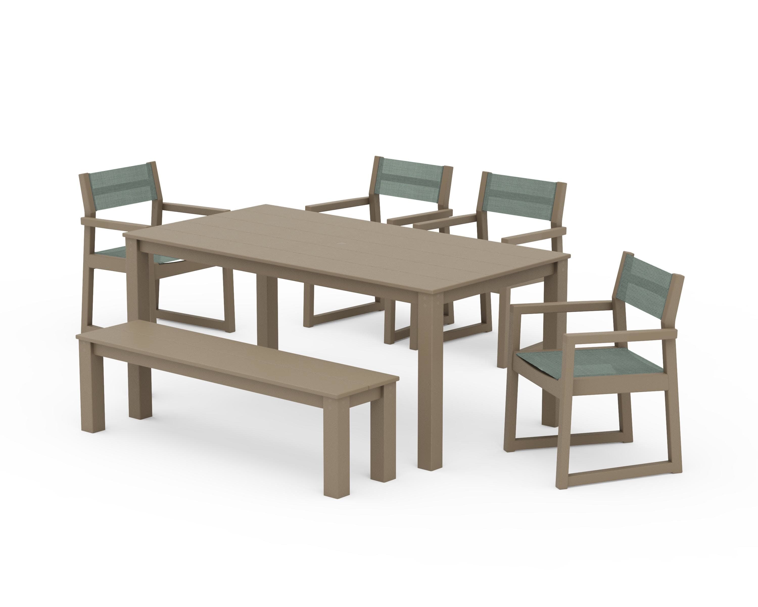 EDGE Sling Arm Chair 6-Piece Parsons Dining Set with Bench in Vintage Sahara / Dupioni Sea Mist Sling
