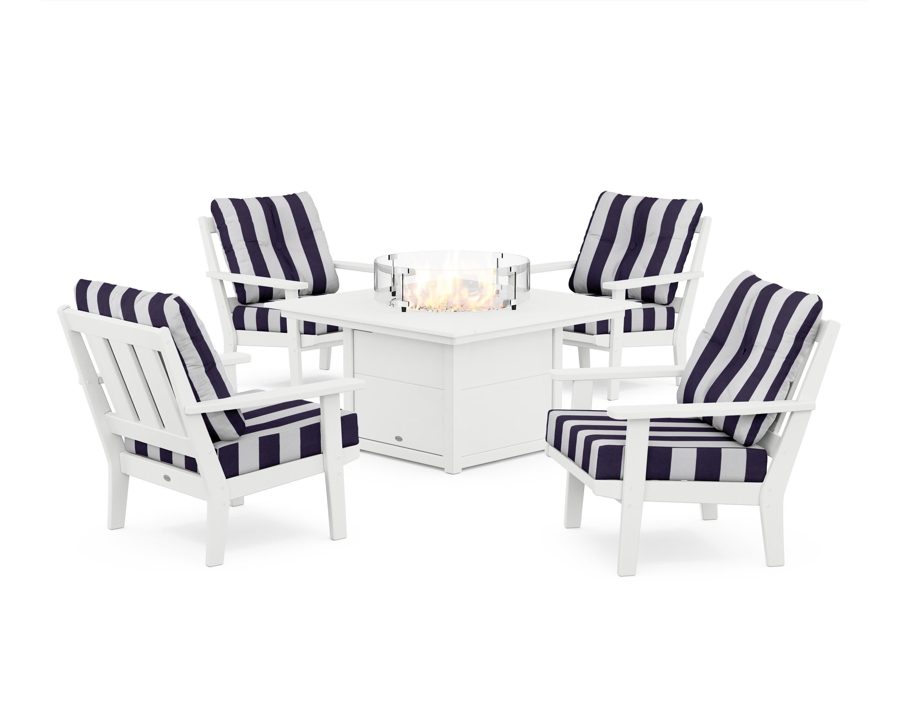 Oxford 5-Piece Deep Seating Set with Fire Pit Table in White / Cabana Stripe Navy