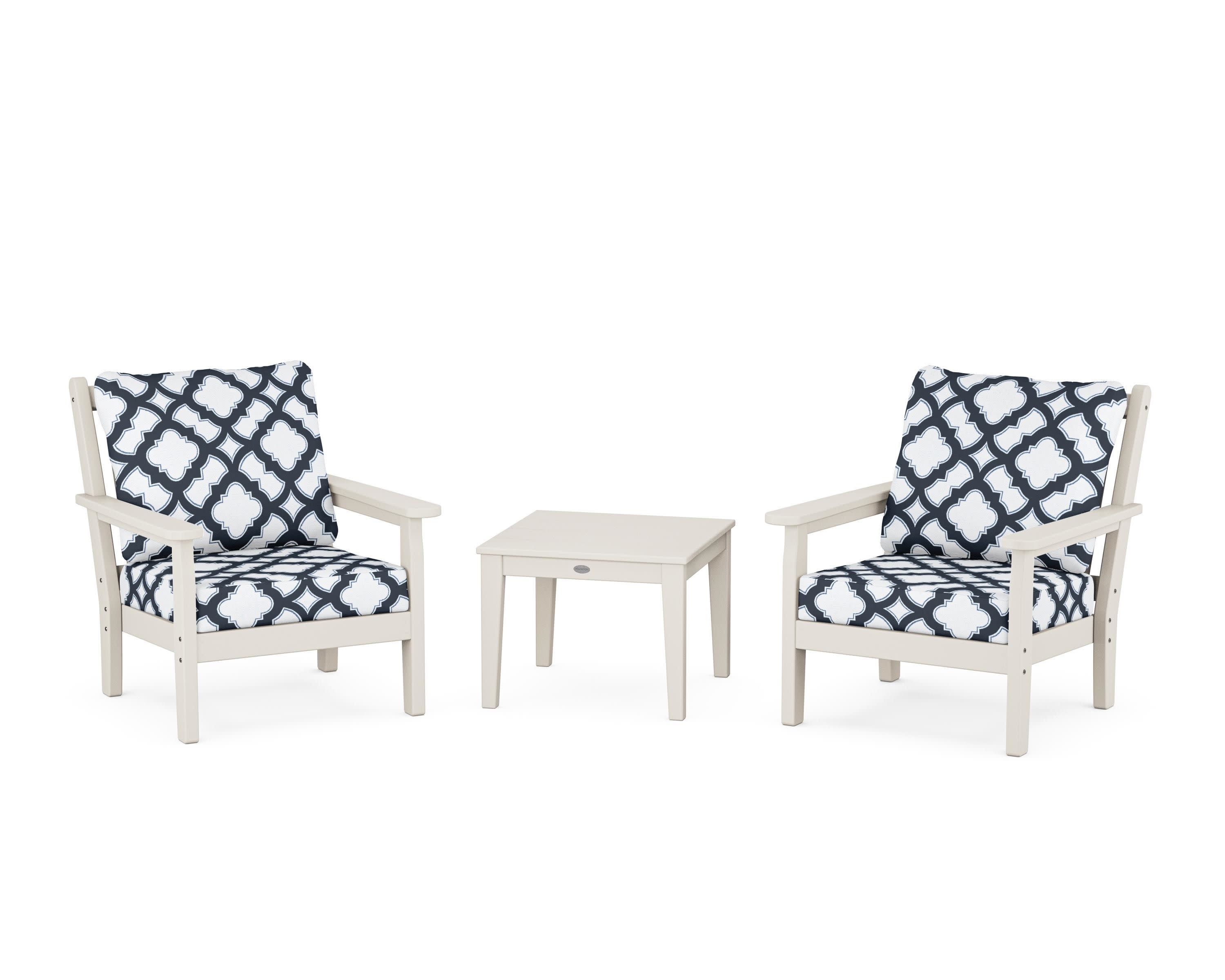Chippendale 3-Piece Deep Seating Set in Sand / Trellis Marine Indigo