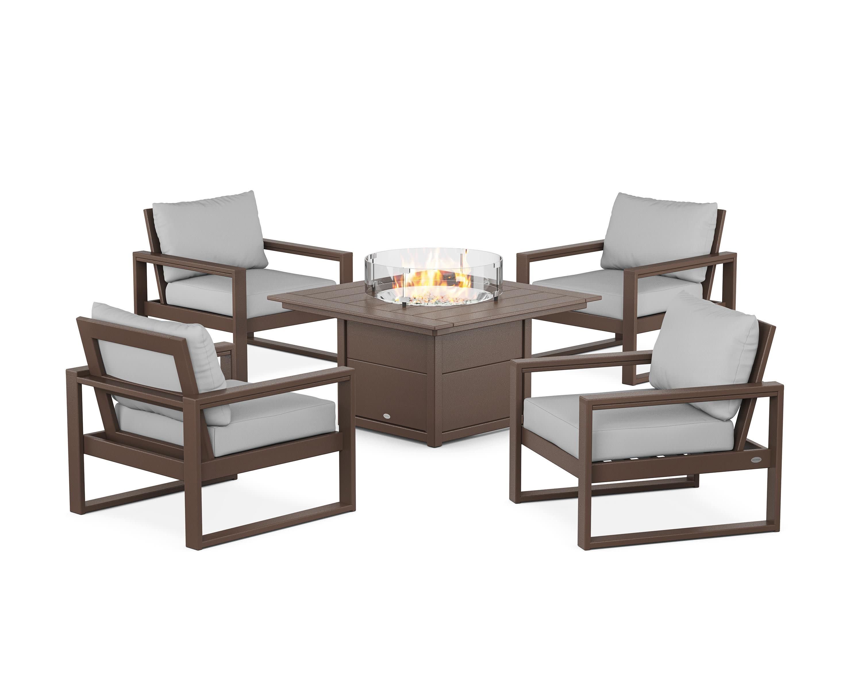 EDGE Sectional 5-Piece Deep Seating Set with Fire Pit Table in Mahogany / Crimson Linen