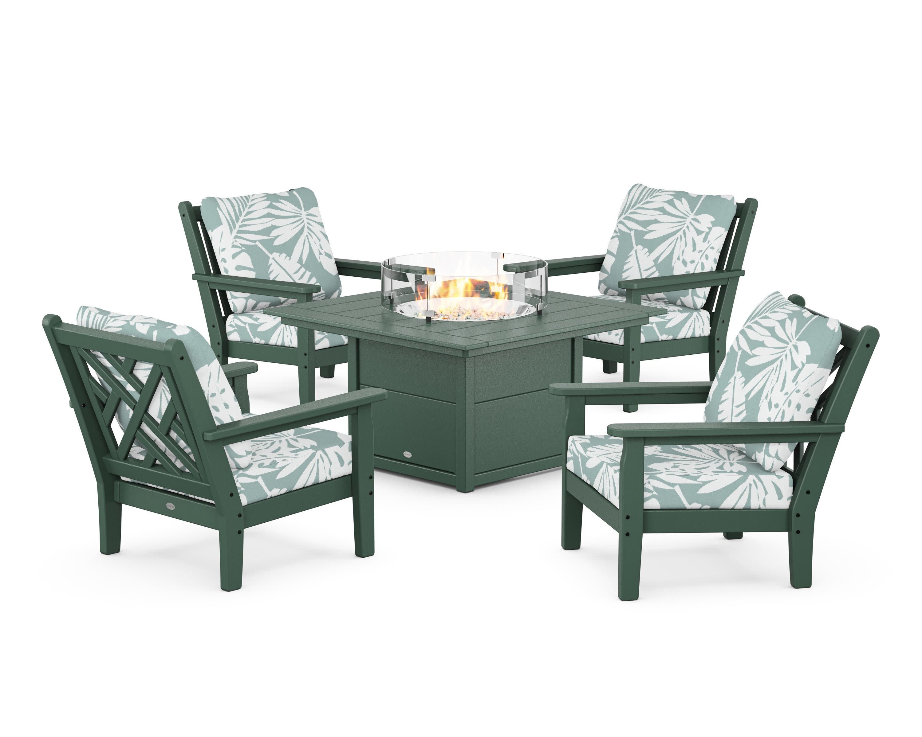 Chippendale 5-Piece Deep Seating Set with Fire Pit Table in Green / Leaf Glacier Spa