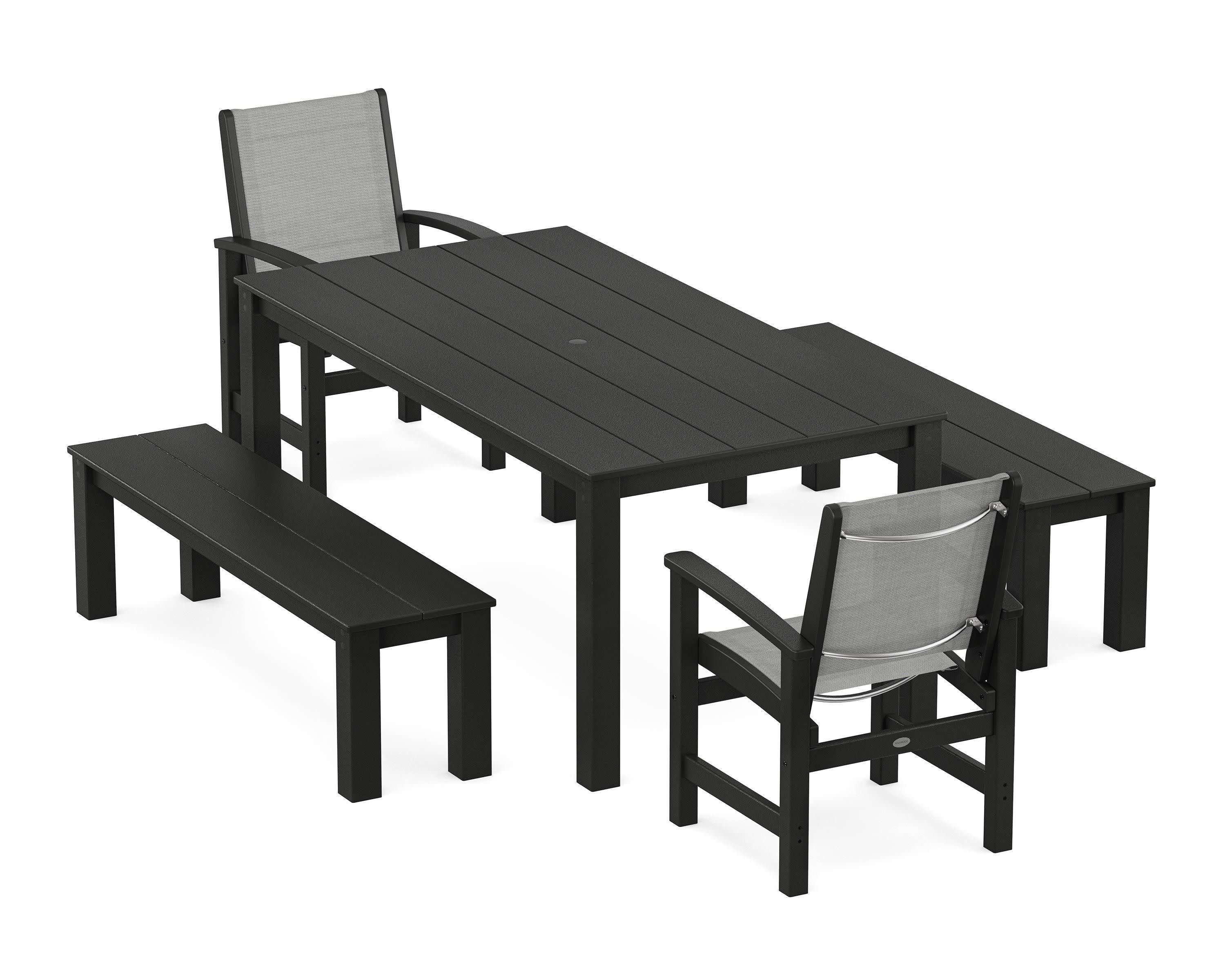 Coastal 5-Piece Parsons Dining Set with Benches in Black / Metallic Sling