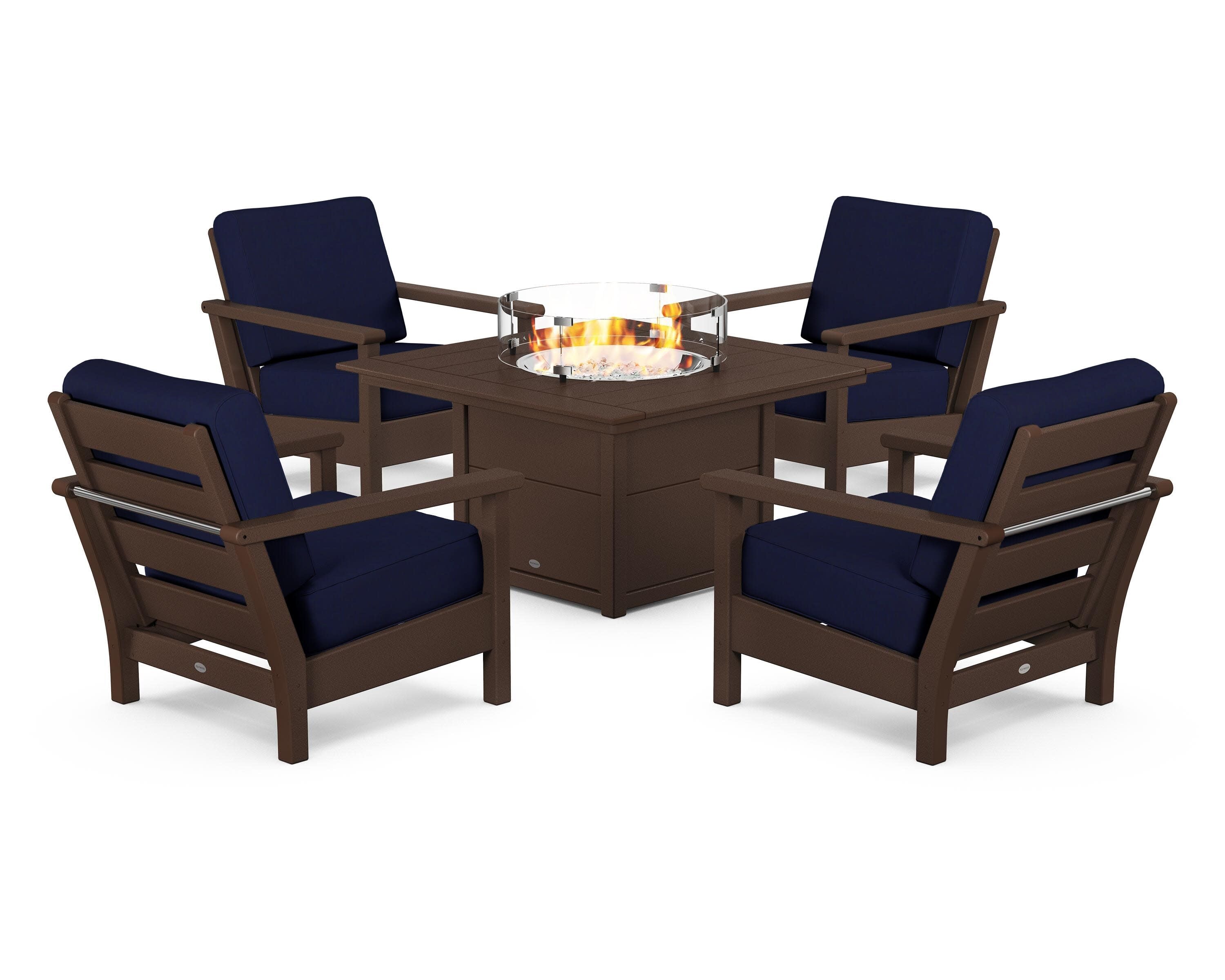 Harbour 5-Piece Conversation Set with Fire Pit Table in Mahogany / Navy