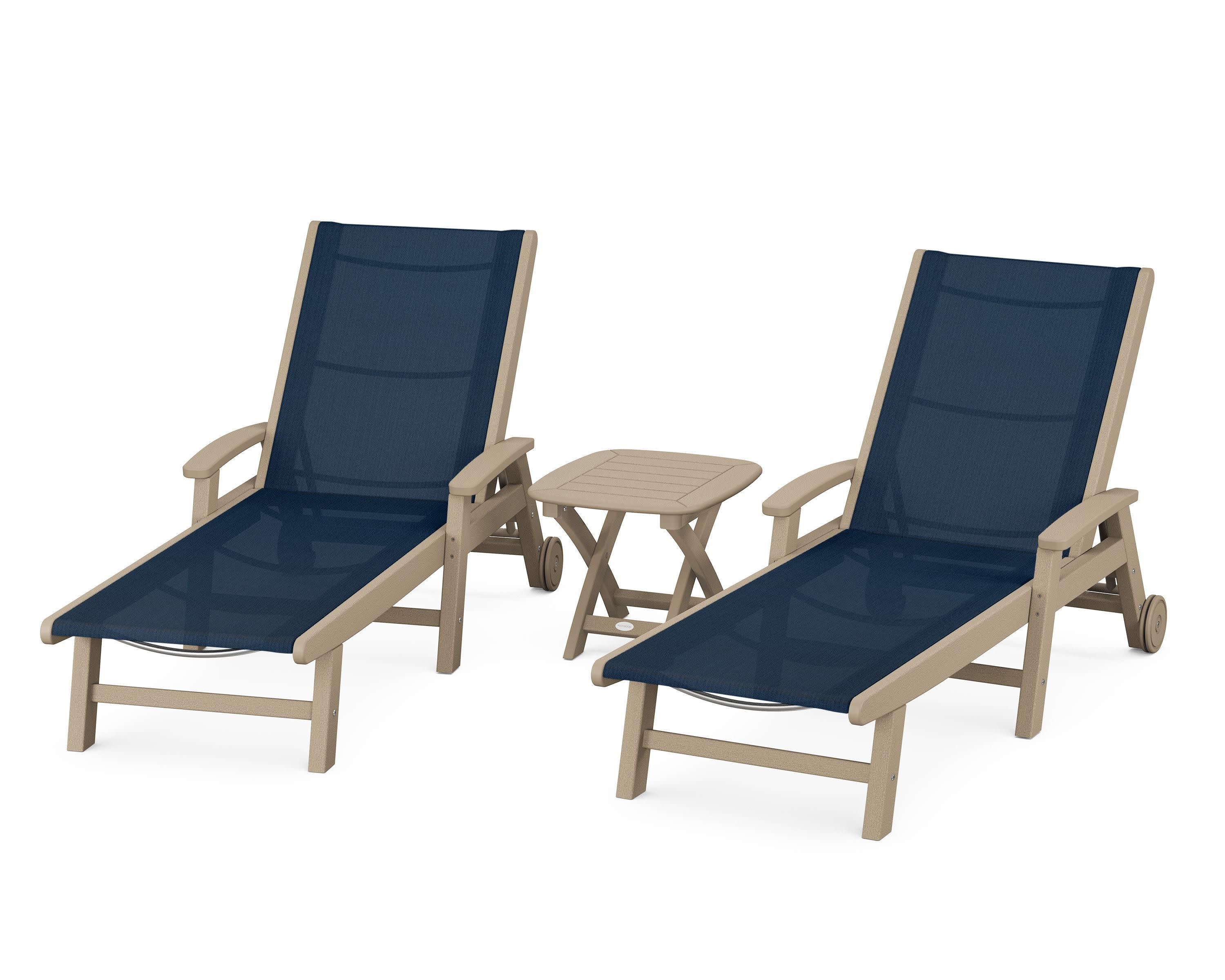 Coastal 3-Piece Wheeled Chaise Set in Vintage Sahara / Navy Blue Sling