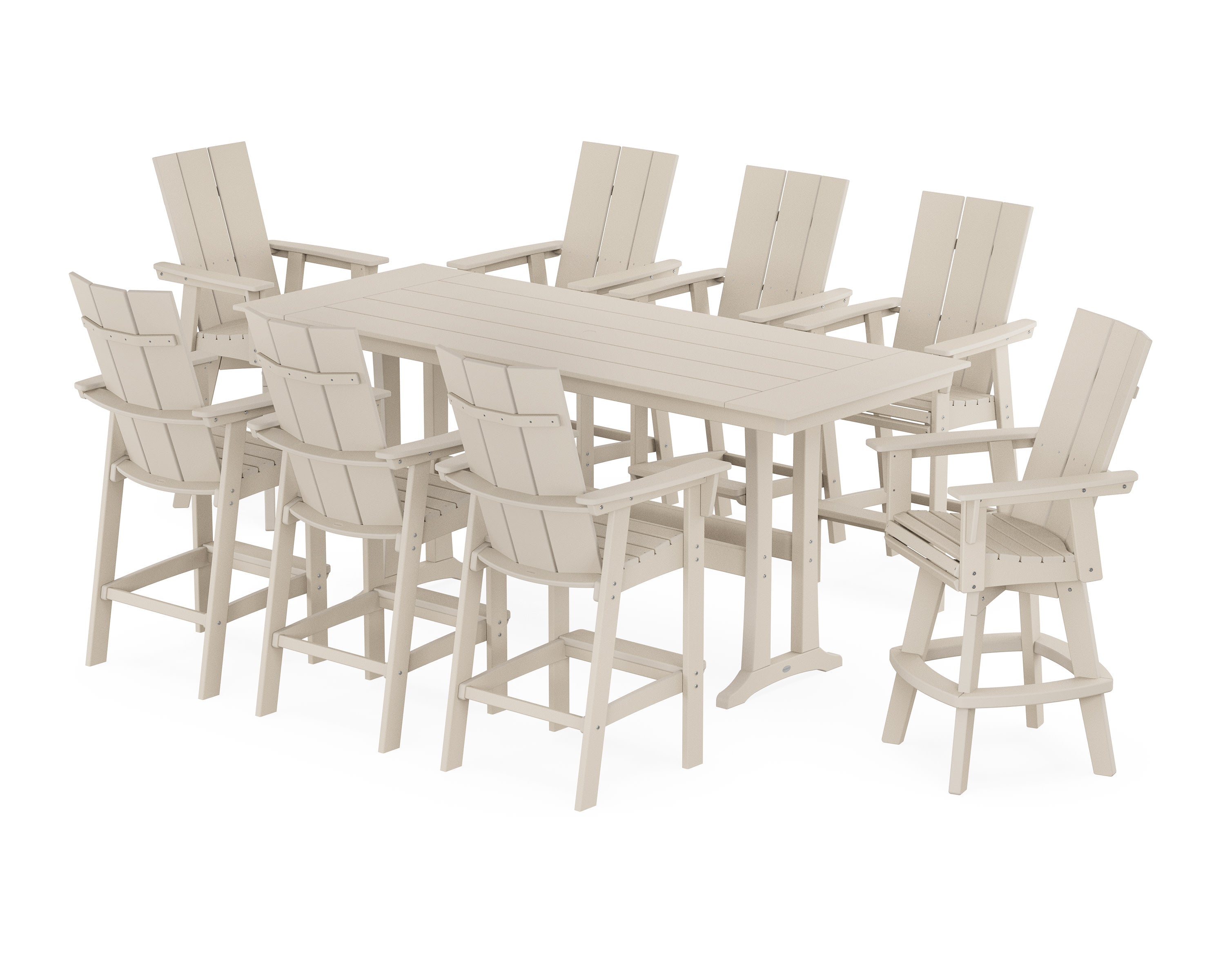 Modern Curveback Adirondack Swivel 9-Piece Farmhouse Bar Set with Trestle Legs in Sand