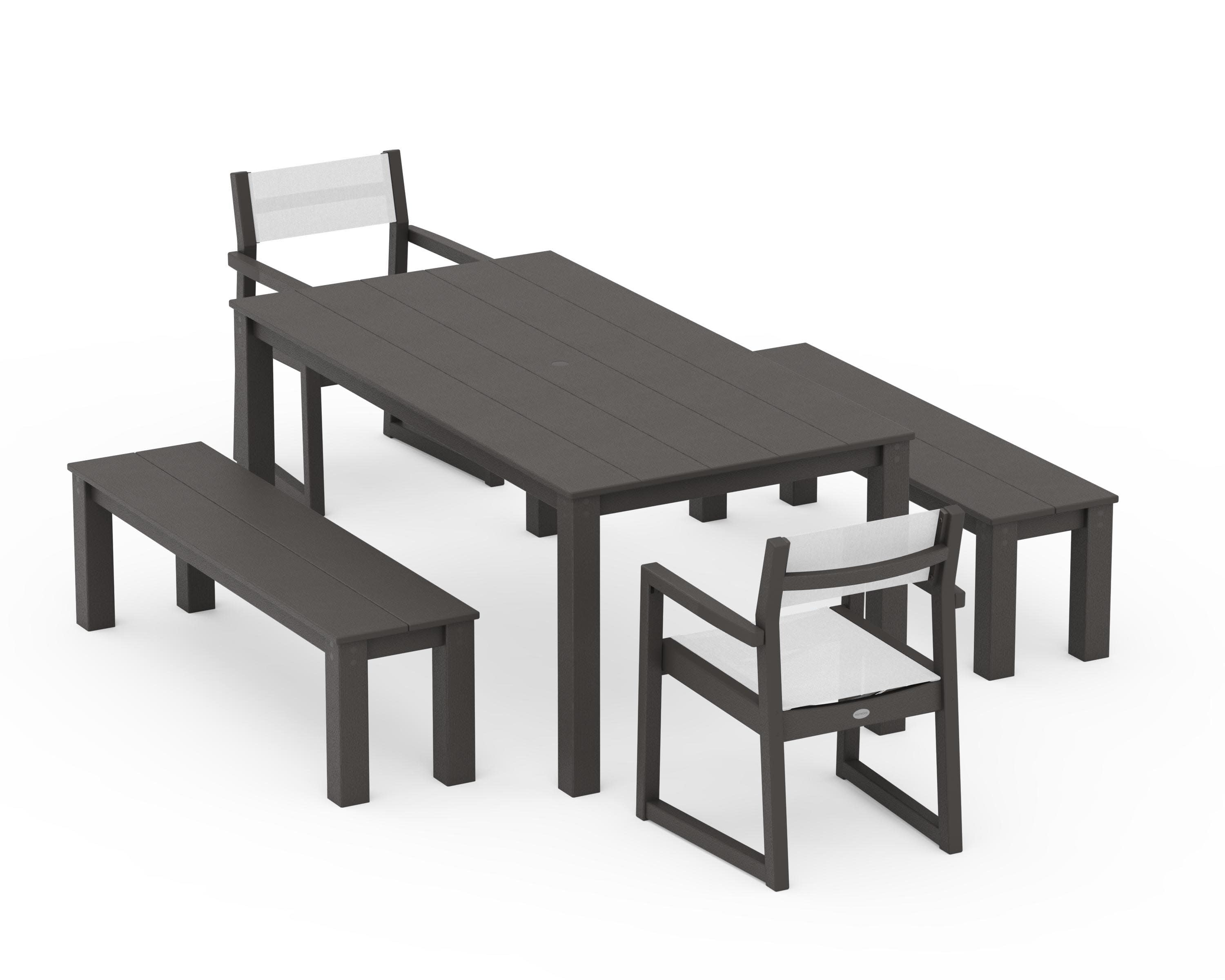 EDGE Sling Arm Chair 5-Piece Parsons Dining Set with Benches in Vintage Coffee / White Sling