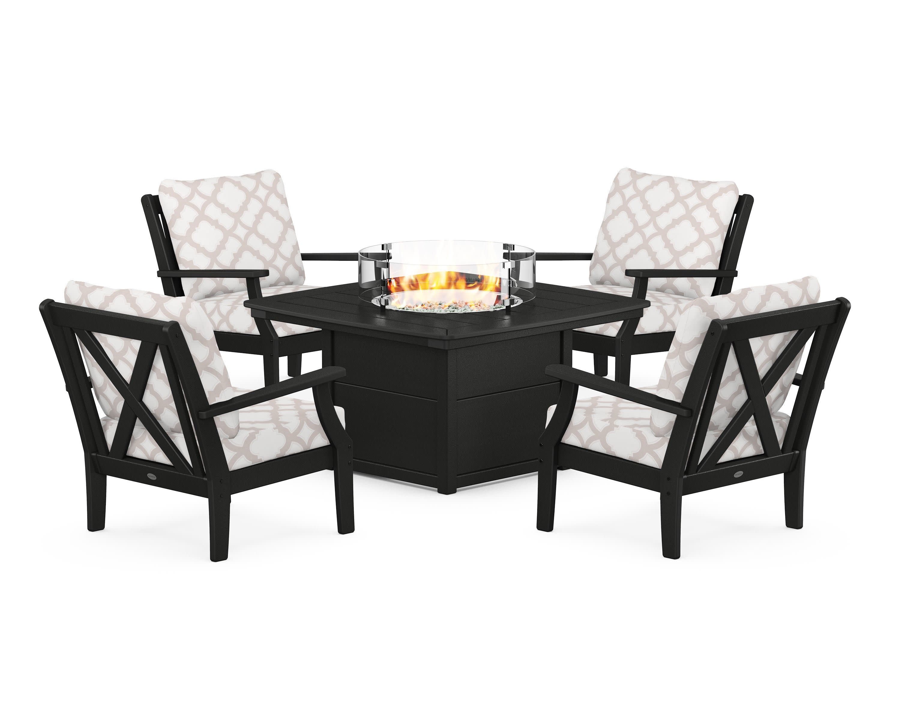 Braxton 5-Piece Deep Seating Conversation Set with Fire Pit Table in Black / Trellis Dune Burlap