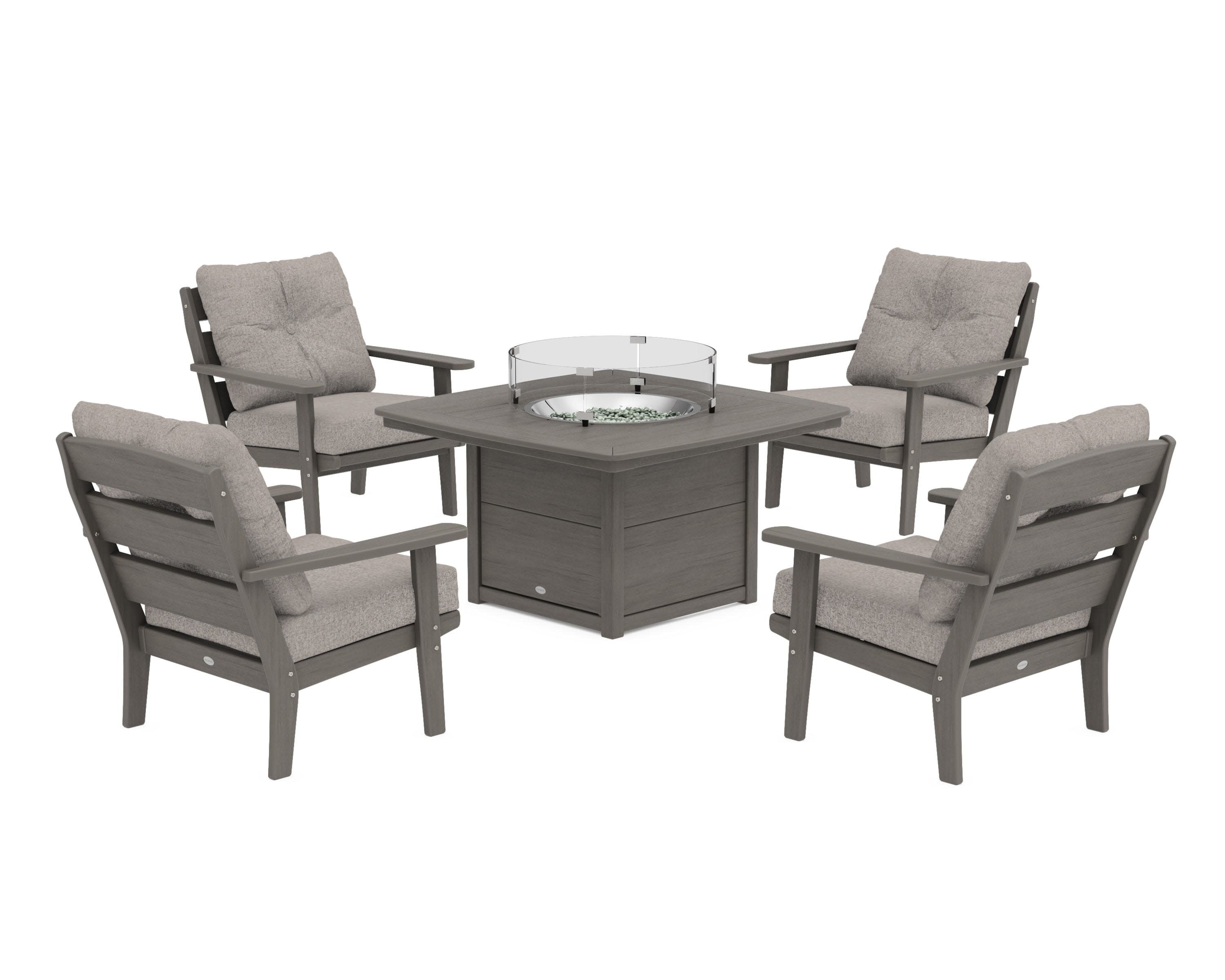 Lakeside 5-Piece Deep Seating Set with Nautical Fire Pit Table in Driftwood / Weathered Tweed