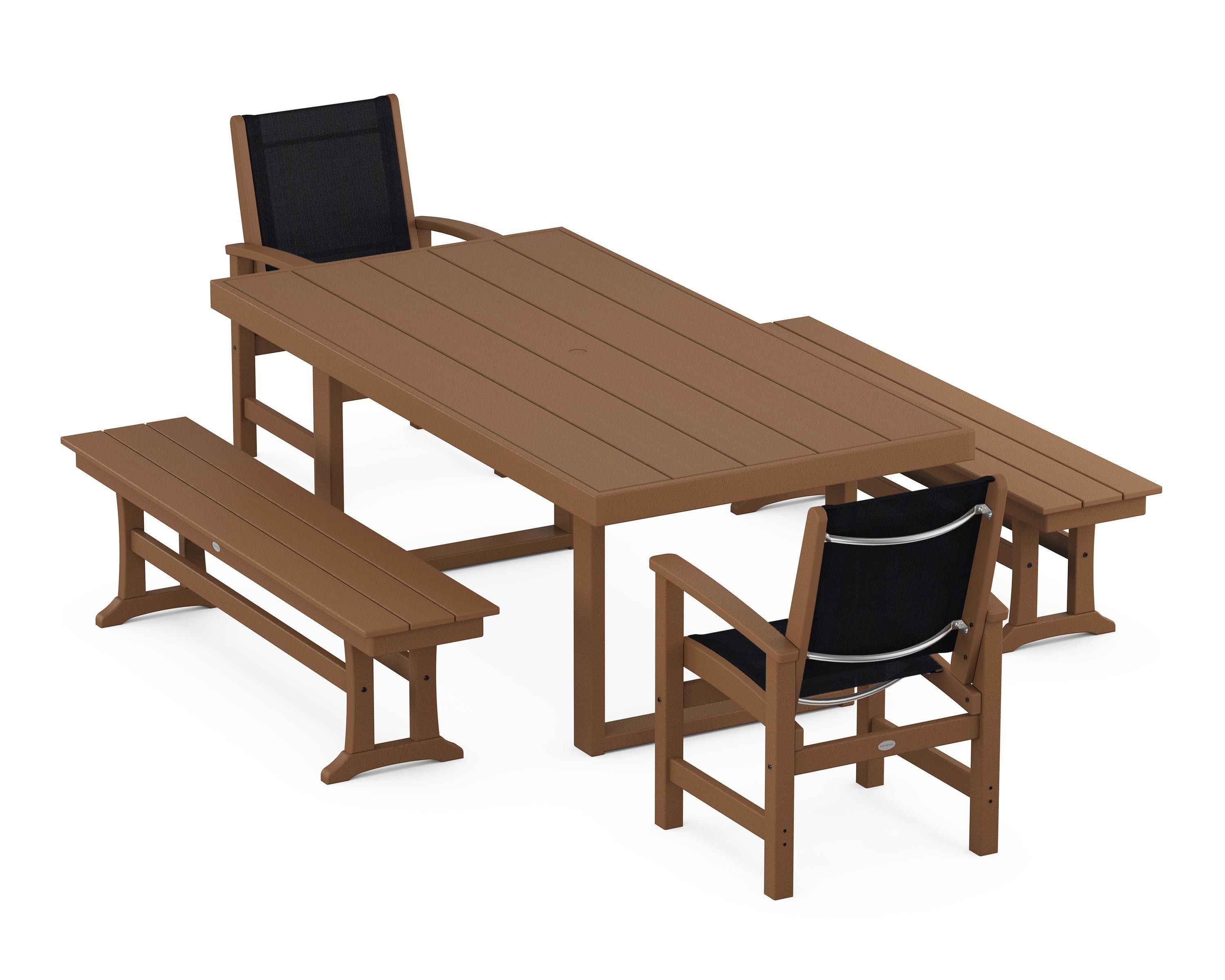 Coastal 5-Piece Dining Set with Trestle Legs in Teak / Black Sling