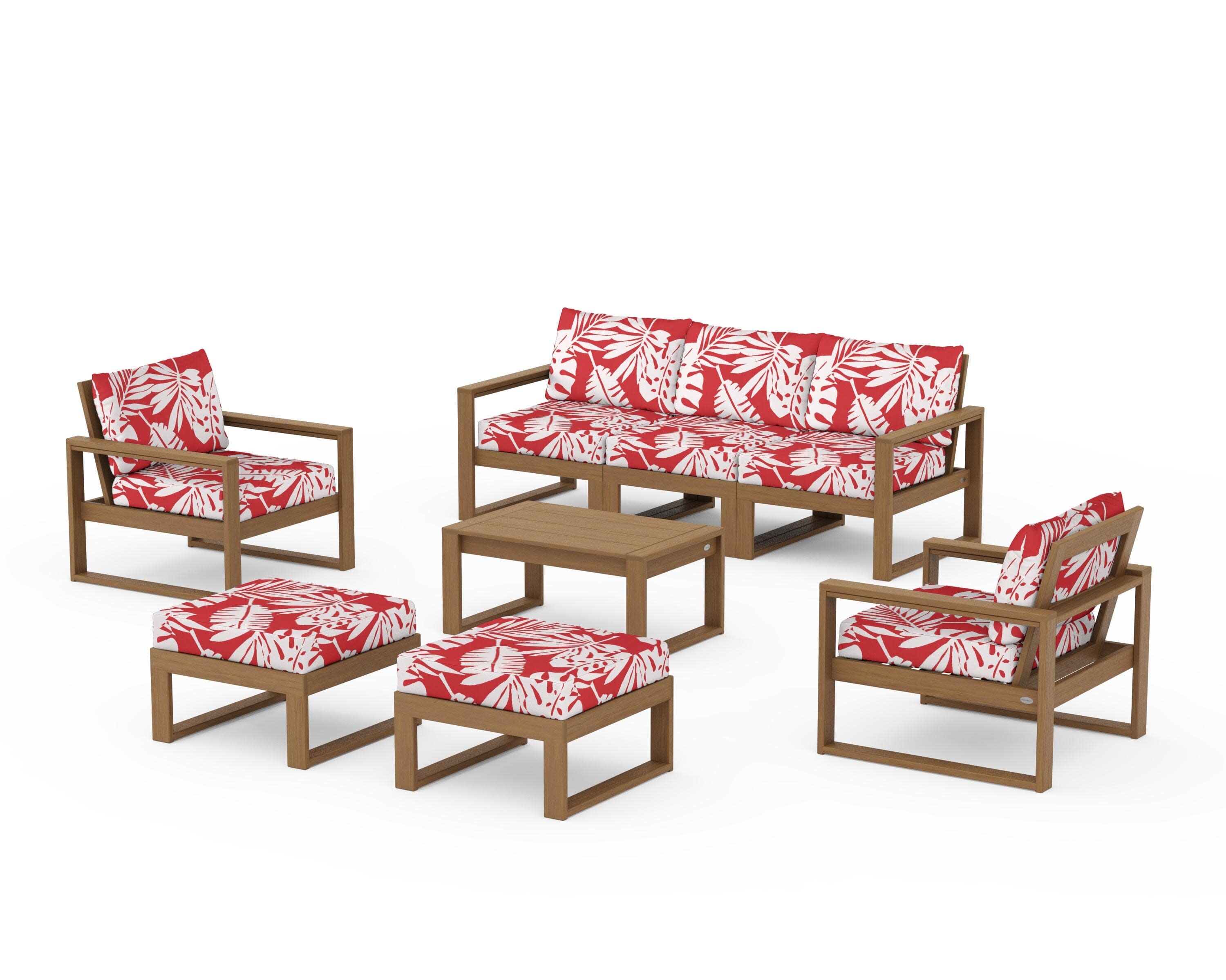 EDGE Sectional 8-Piece Lounge Sofa Set in Natural / Leaf Crimson