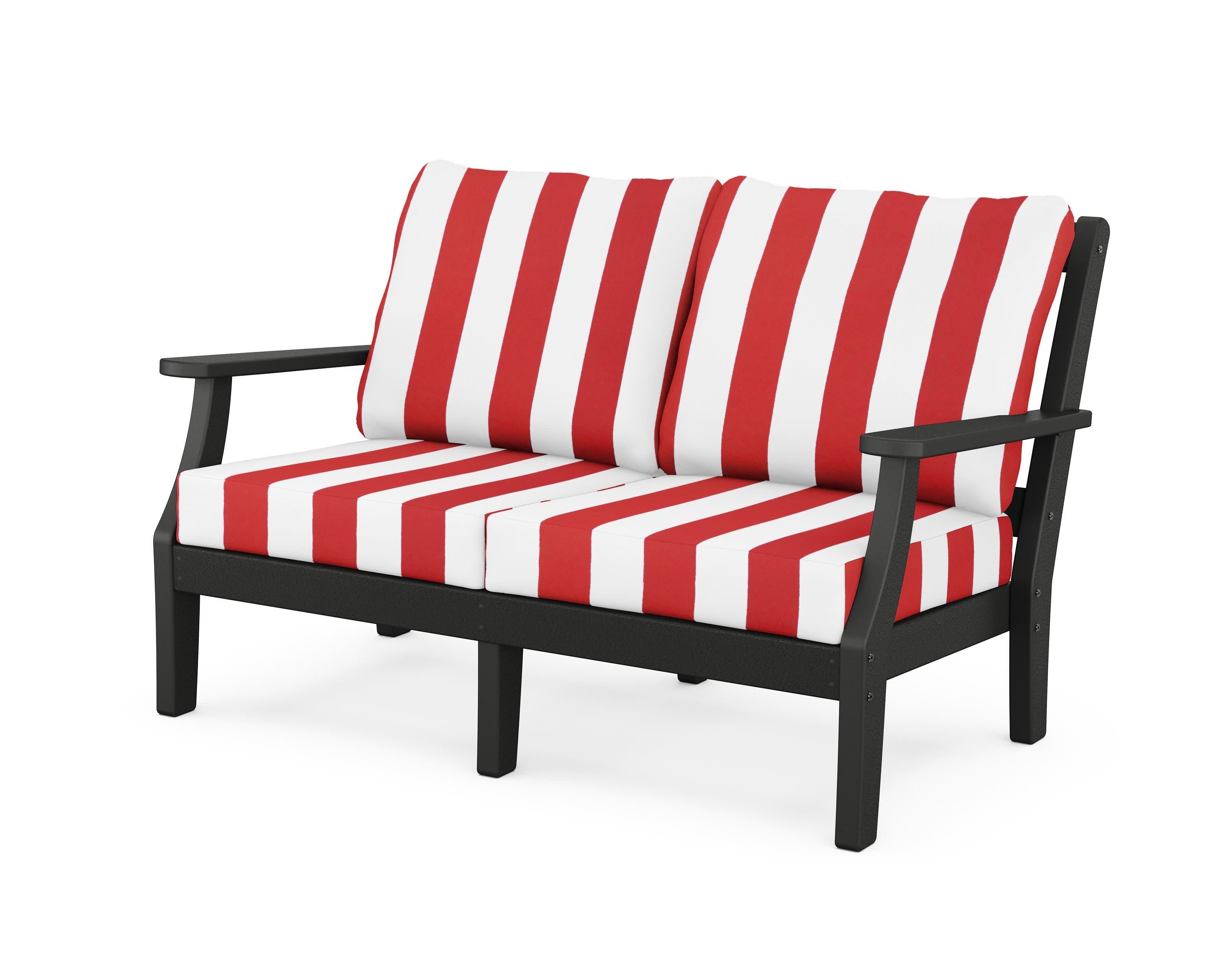 Chinoiserie Deep Seating Loveseat in Black / Cabana Stripe Crimson