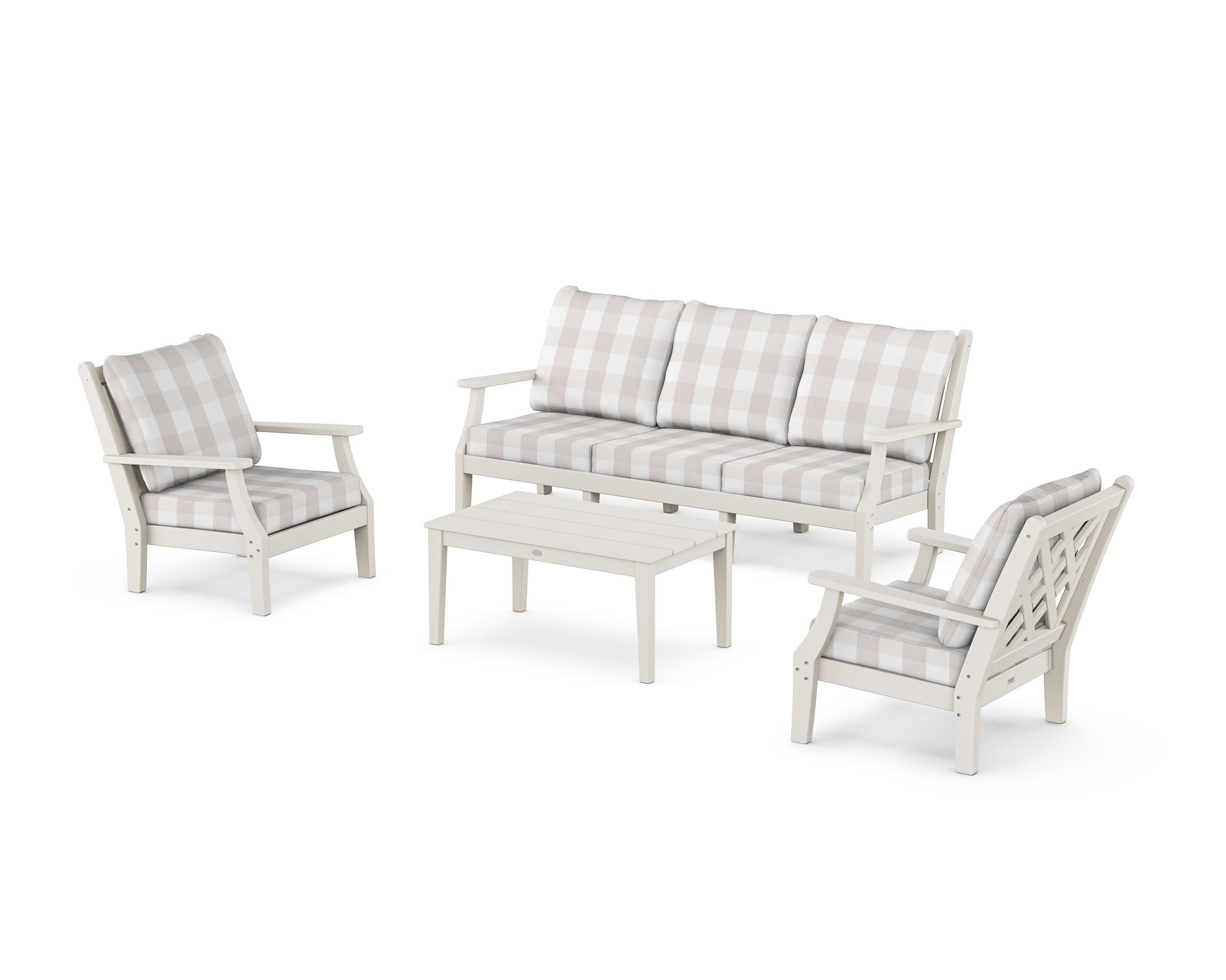 Wovendale 4-Piece Deep Seating Set with Sofa in Sand / Buffalo Plaid Dune Burlap