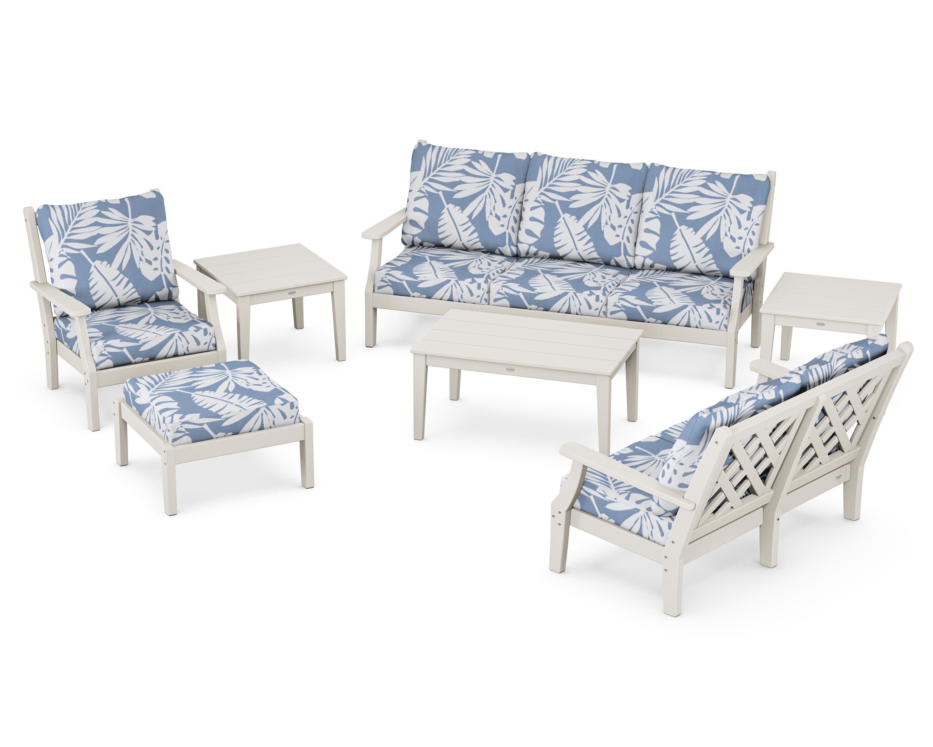Wovendale 7-Piece Deep Seating Set in Sand / Leaf Sky Blue