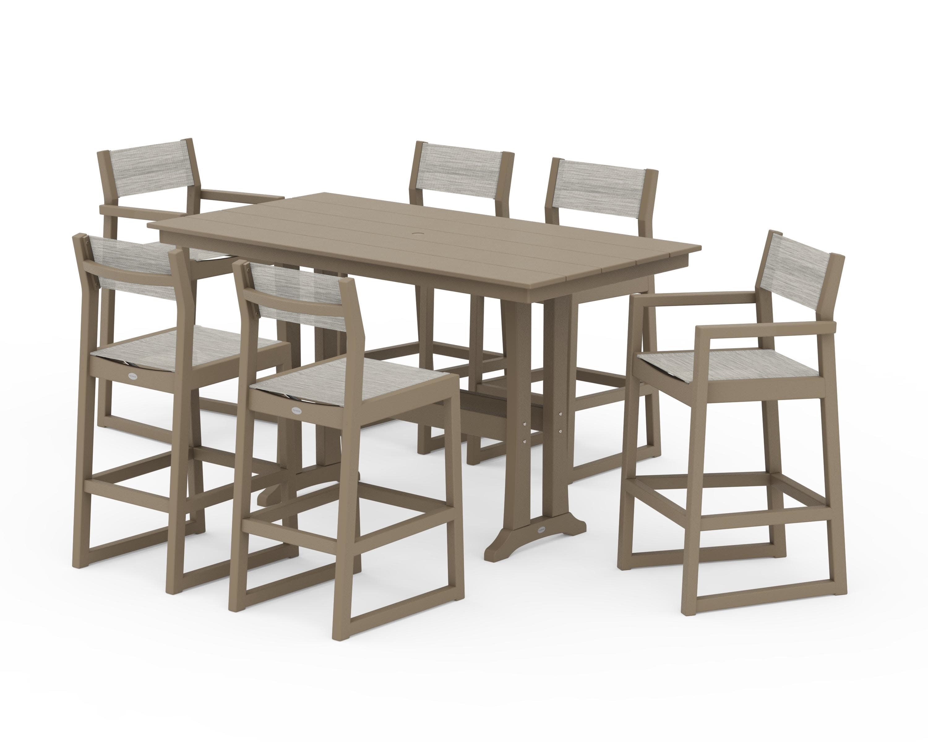 EDGE Sling 7-Piece Farmhouse Bar Set with Trestle Legs in Vintage Sahara / Birch Sling