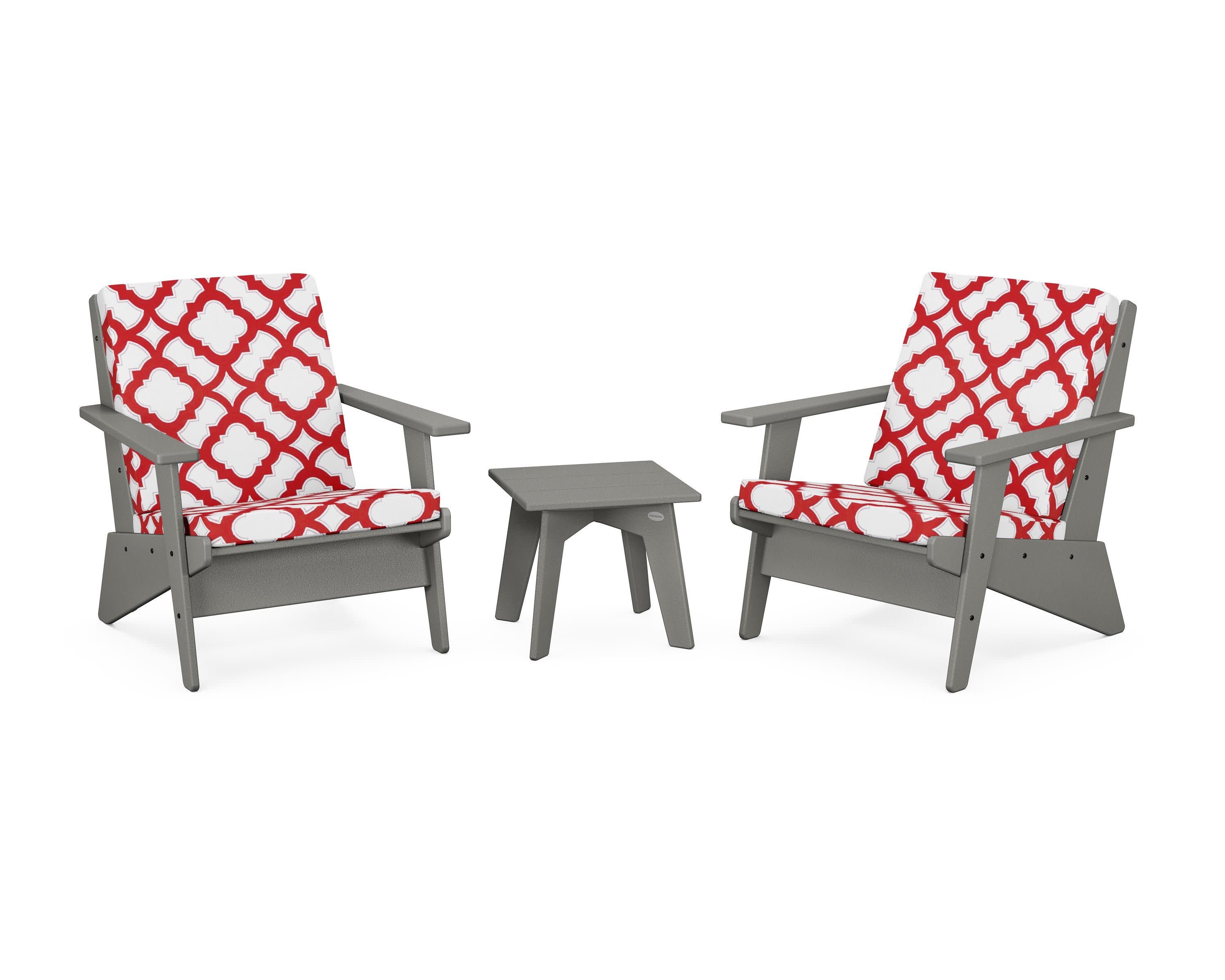Riviera Modern Lounge 3-Piece Set in Slate Grey / Trellis Crimson