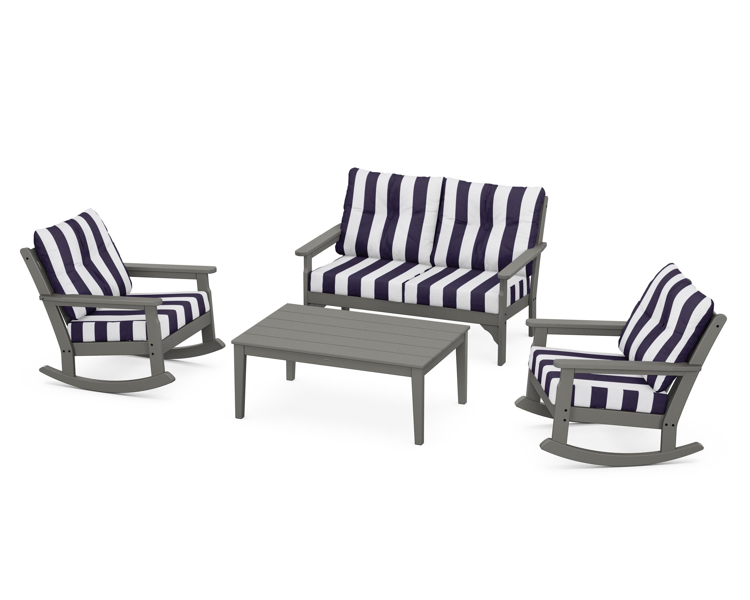 Vineyard 4-Piece Deep Seating Rocking Chair Set in Slate Grey / Cabana Stripe Navy