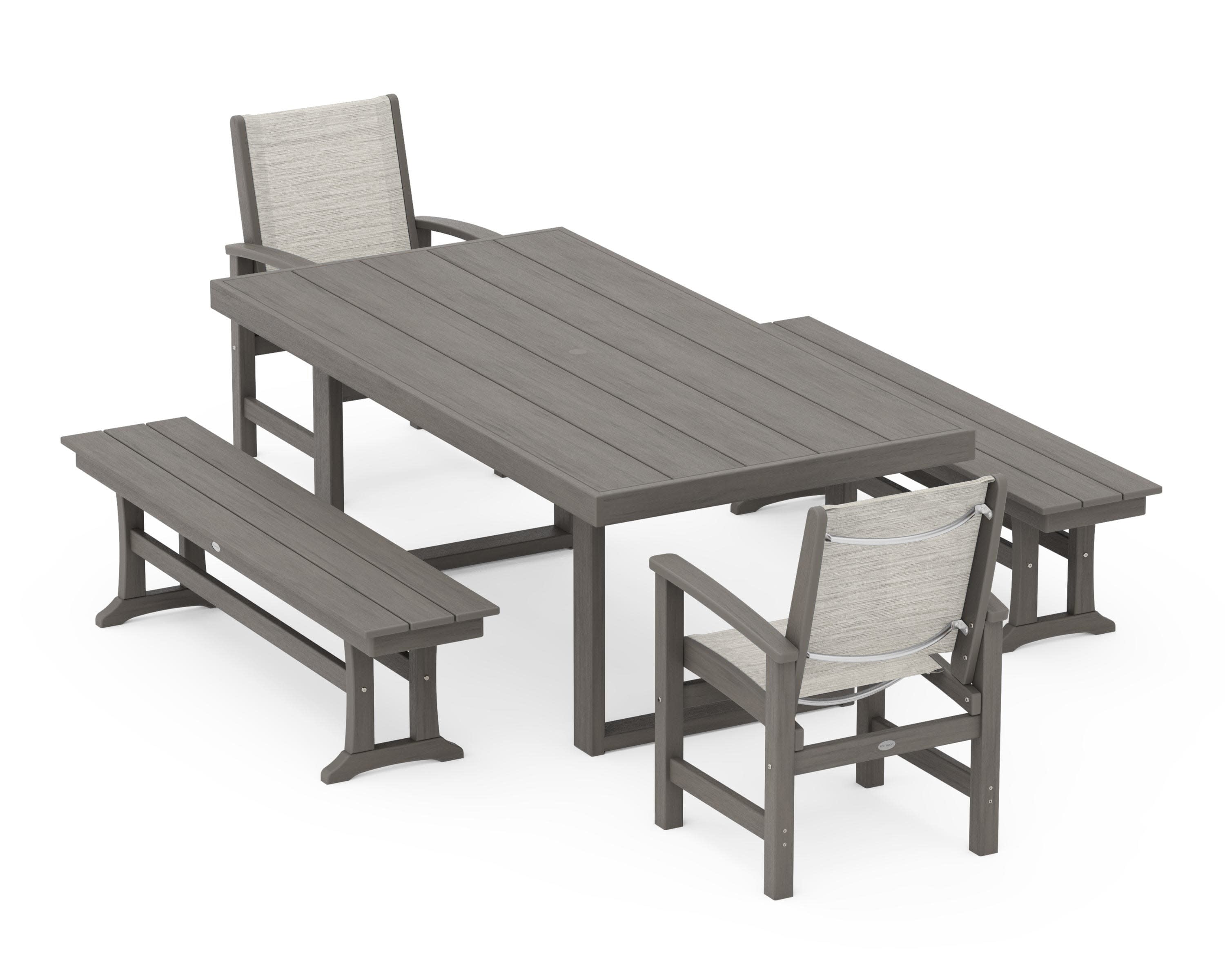 Coastal 5-Piece Dining Set with Trestle Legs in Driftwood / Birch Sling