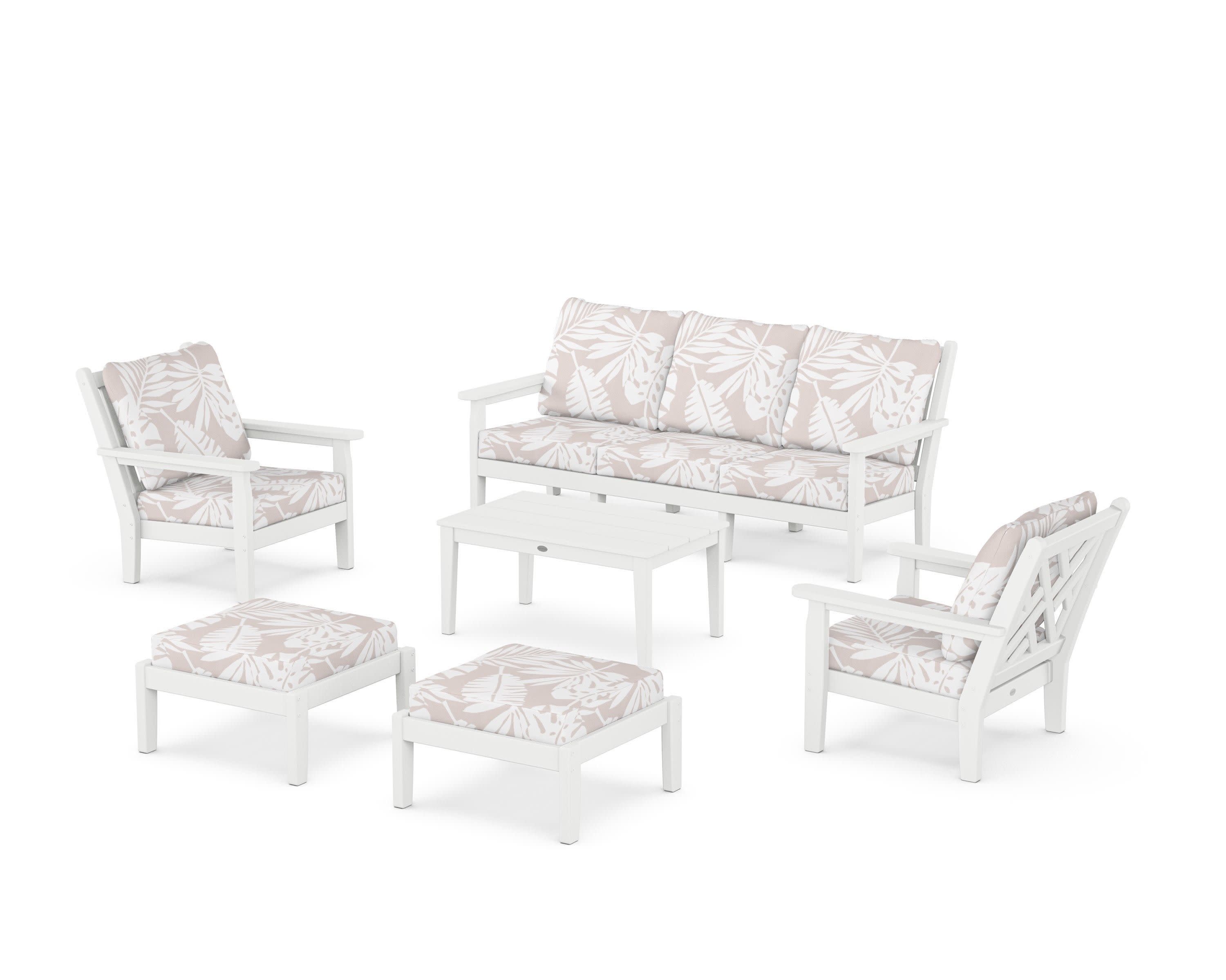 Chippendale 6-Piece Lounge Sofa Set in White / Leaf Dune Burlap
