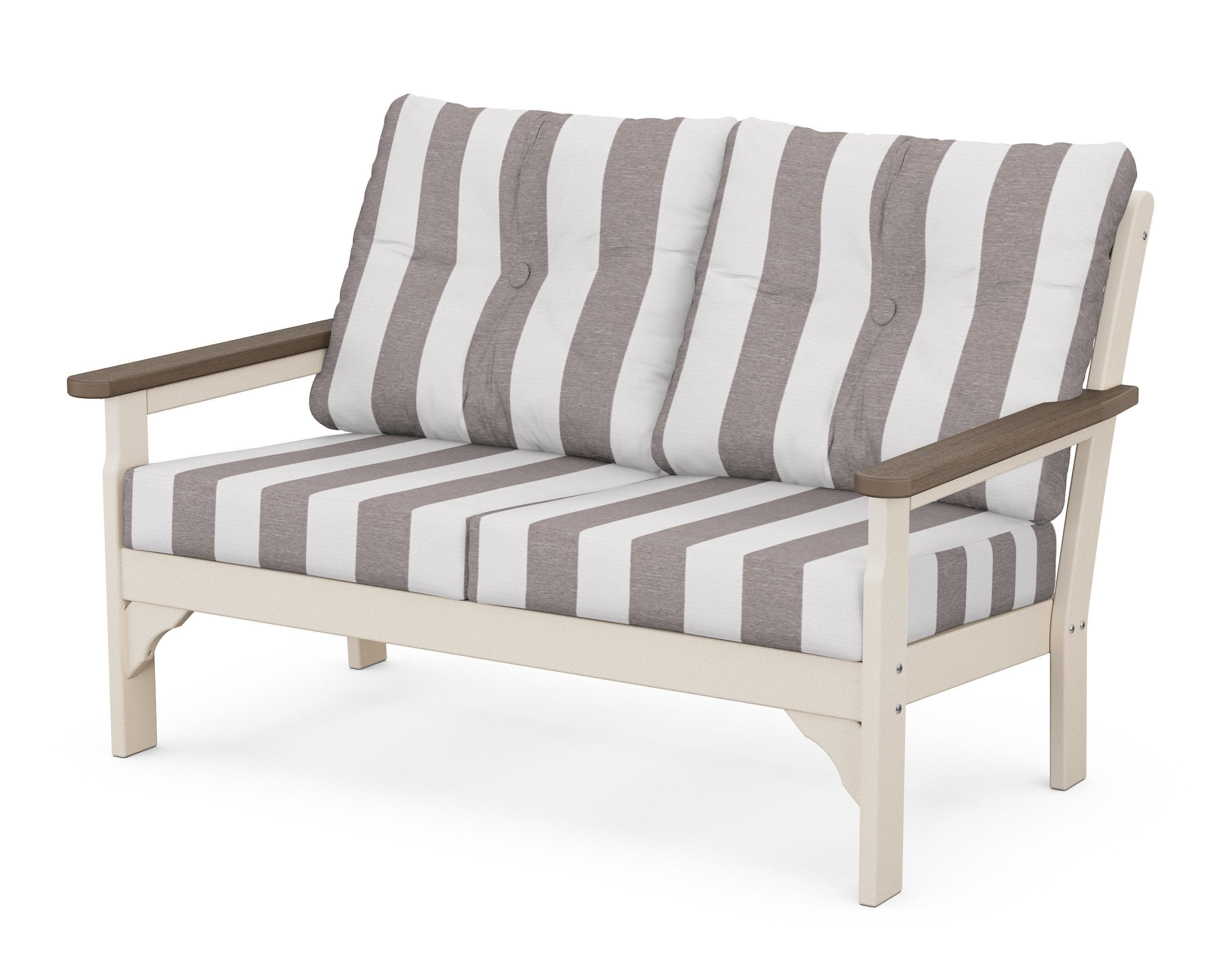 Vineyard Deep Seating Loveseat in Sand / Kona / Cabana Stripe Grey Mist