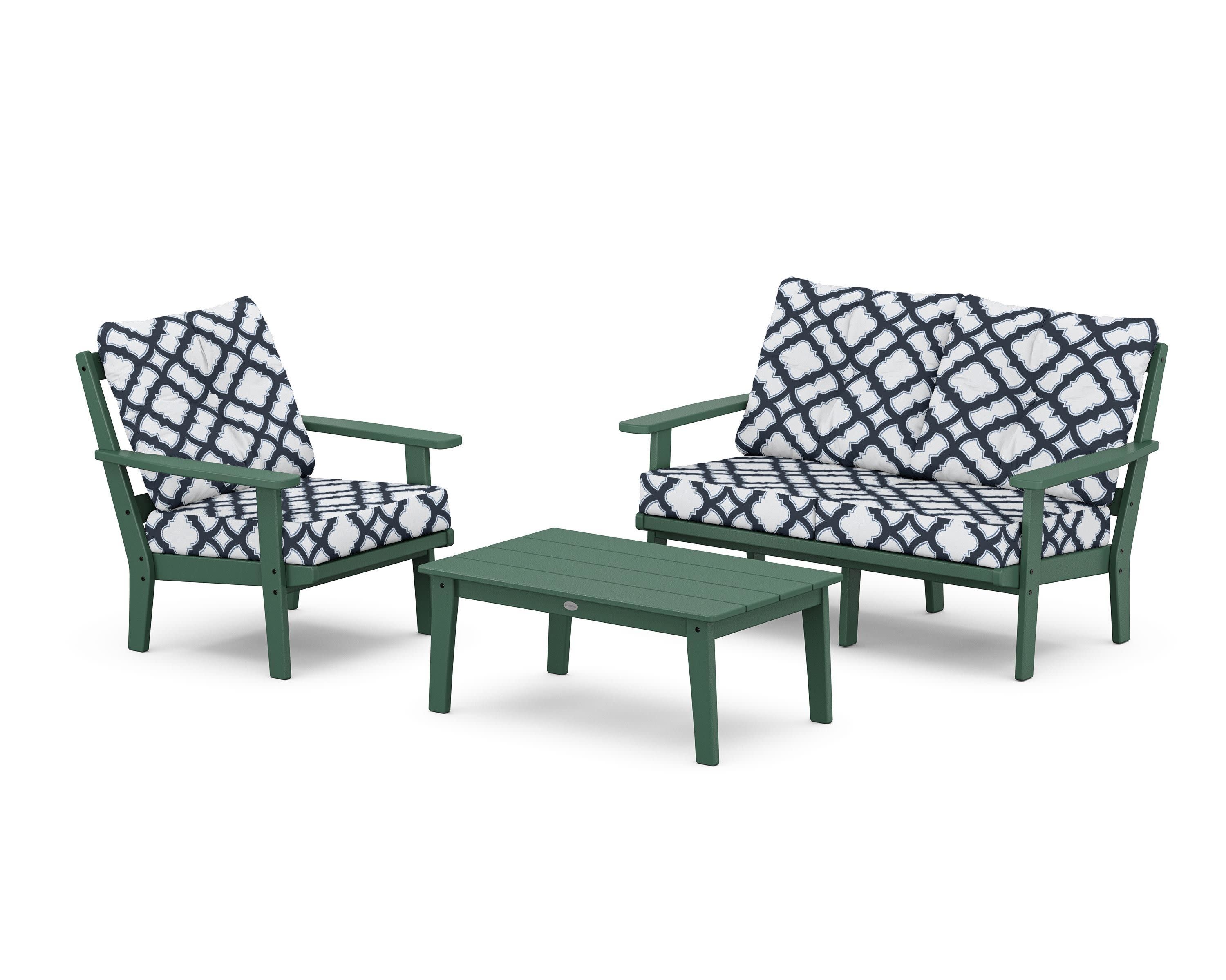 Oxford 3-Piece Deep Seating Set with Loveseat in Green / Trellis Marine Indigo