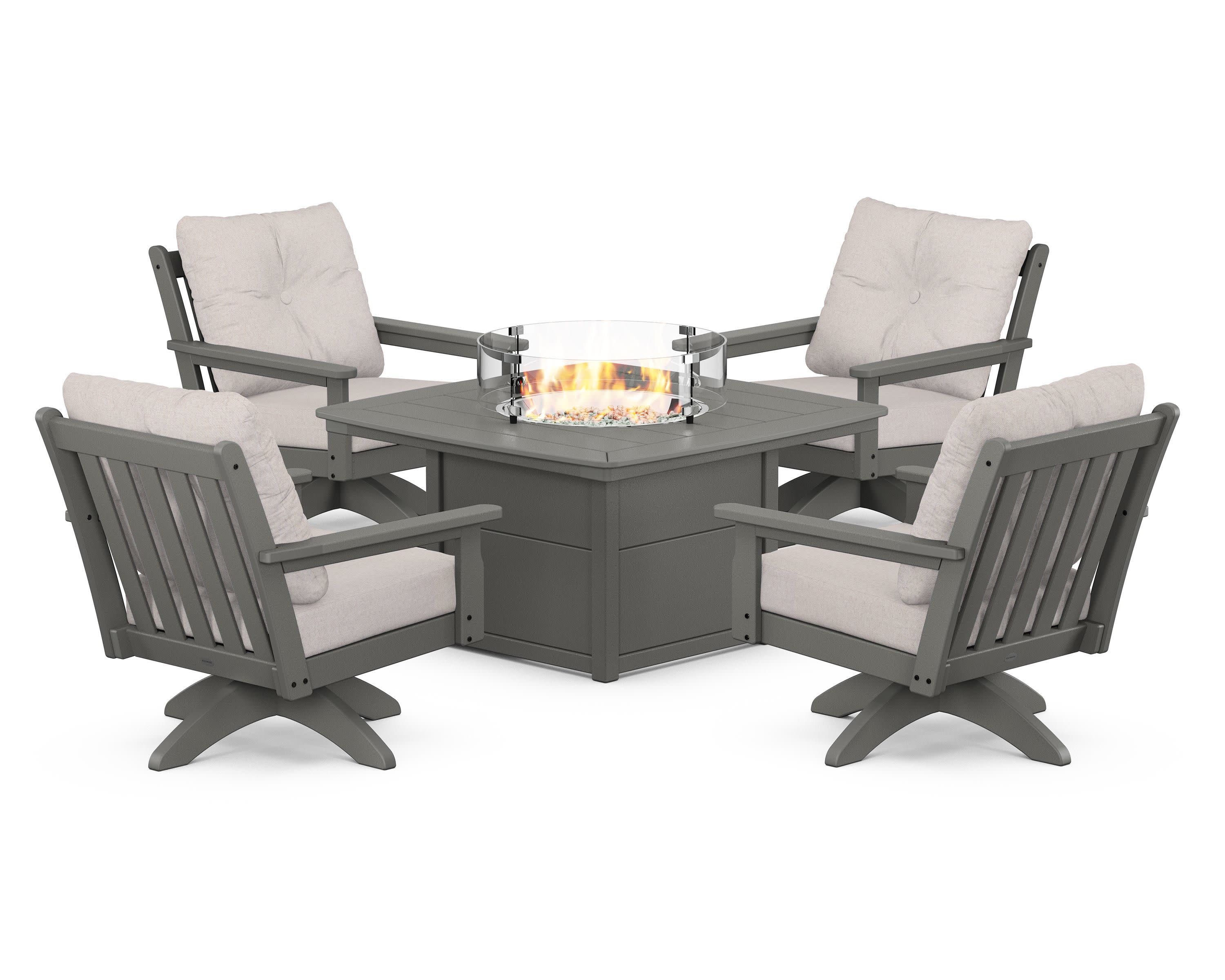Vineyard 5-Piece Deep Seating Swivel Conversation Set with Fire Pit Table in Slate Grey / Dune Burlap