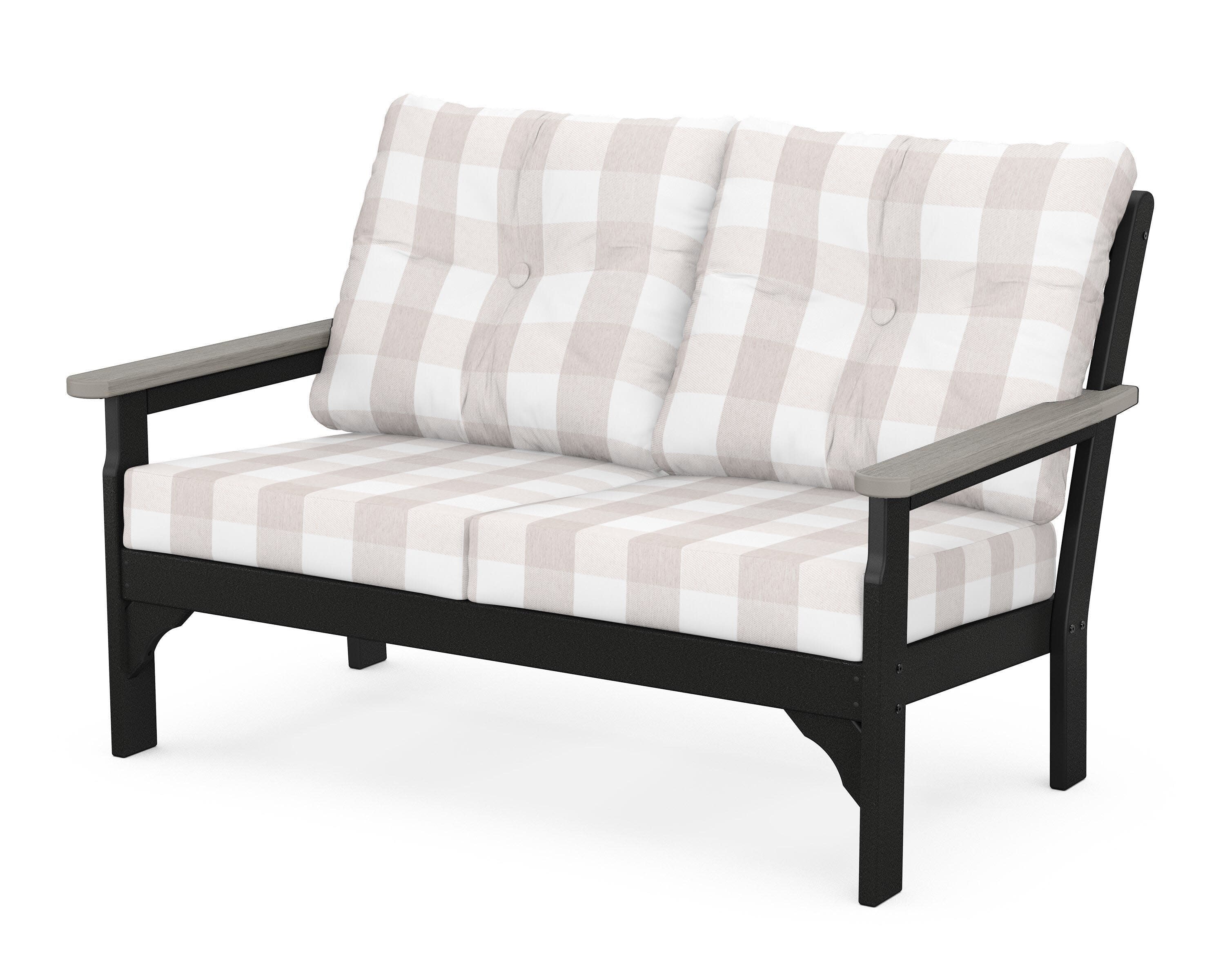 Vineyard Deep Seating Loveseat in Black / Driftwood / Buffalo Plaid Dune Burlap