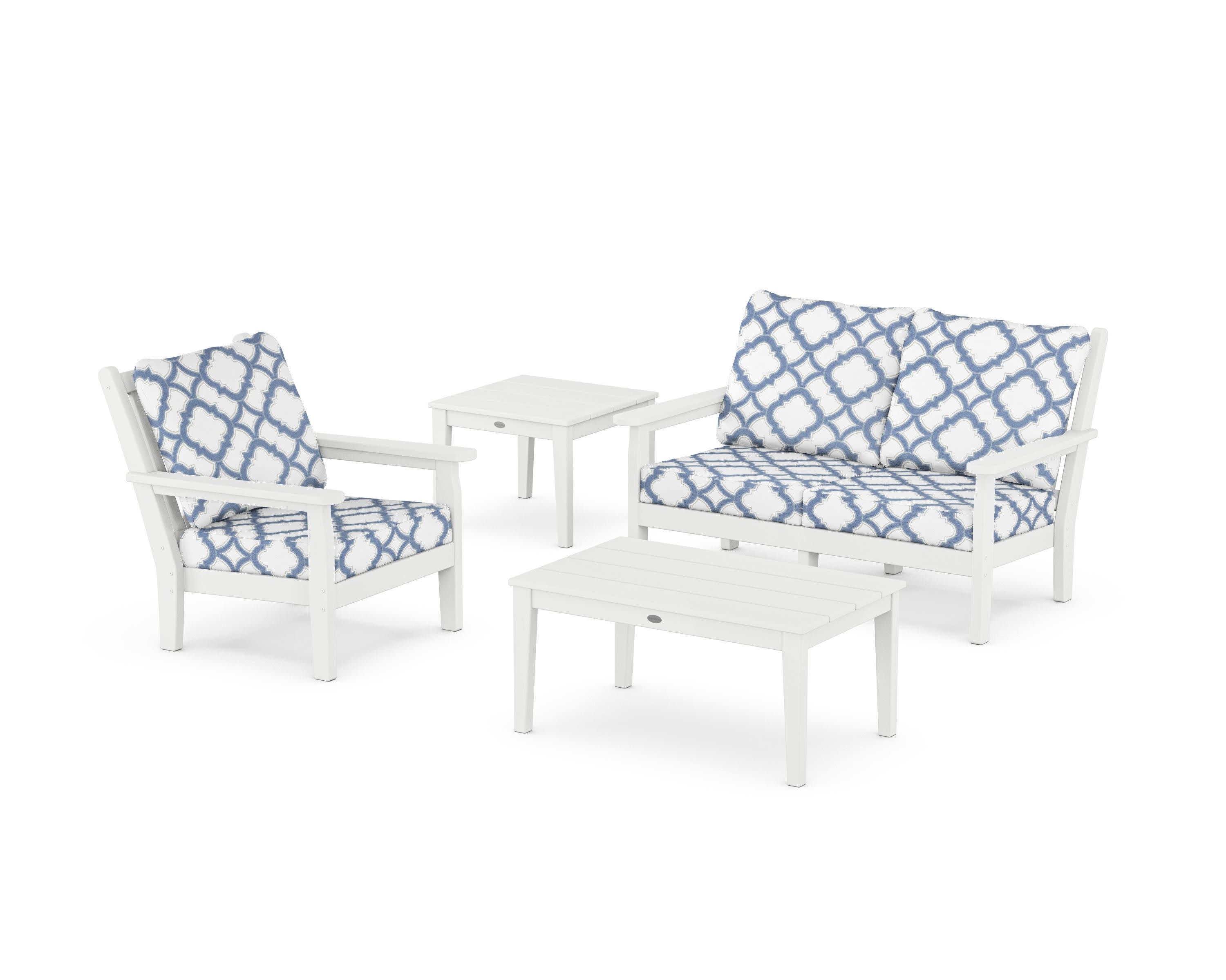 Chippendale 4-Piece Deep Seating Set in White / Trellis Sky Blue