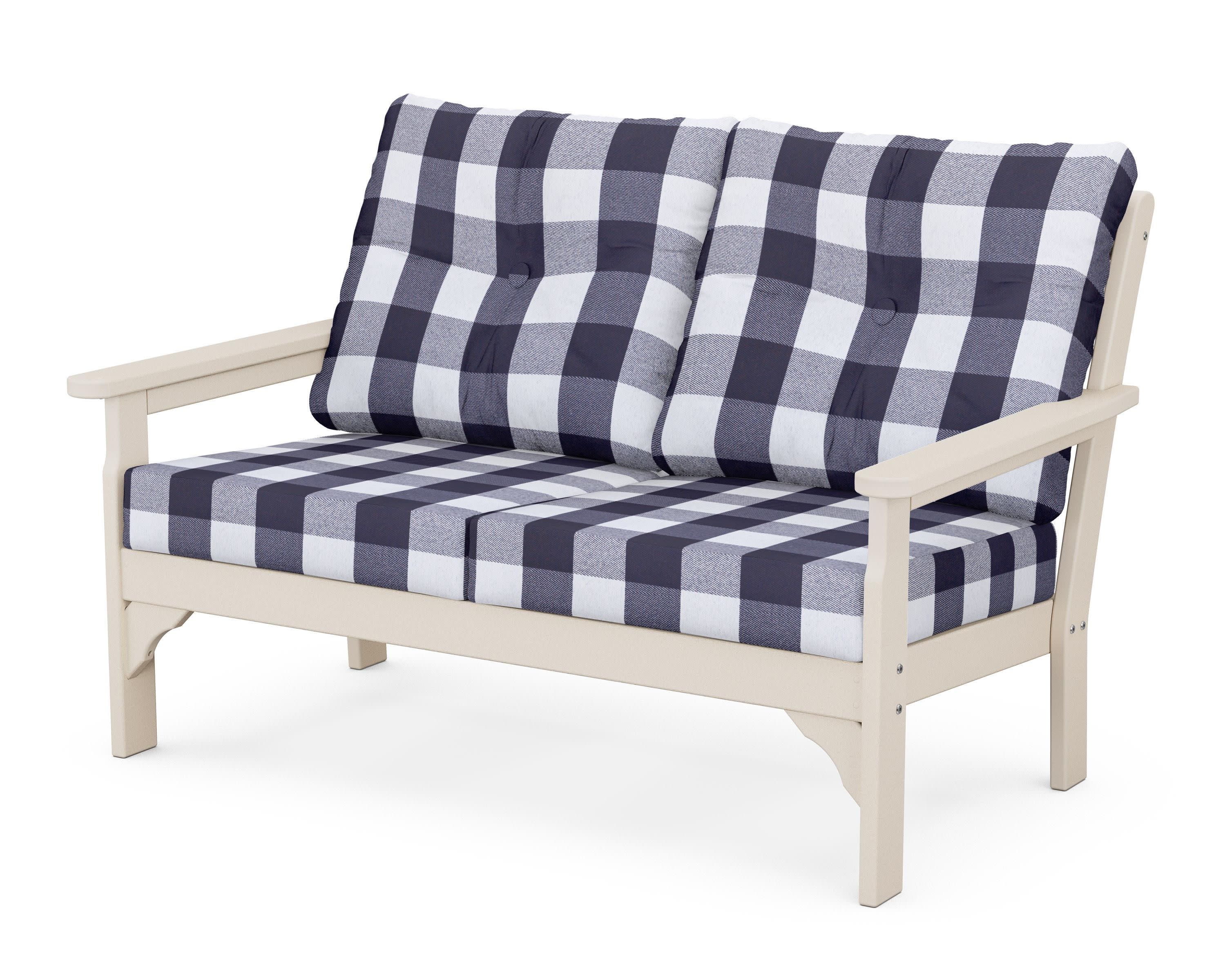 Vineyard Deep Seating Loveseat in Sand / Buffalo Plaid Navy