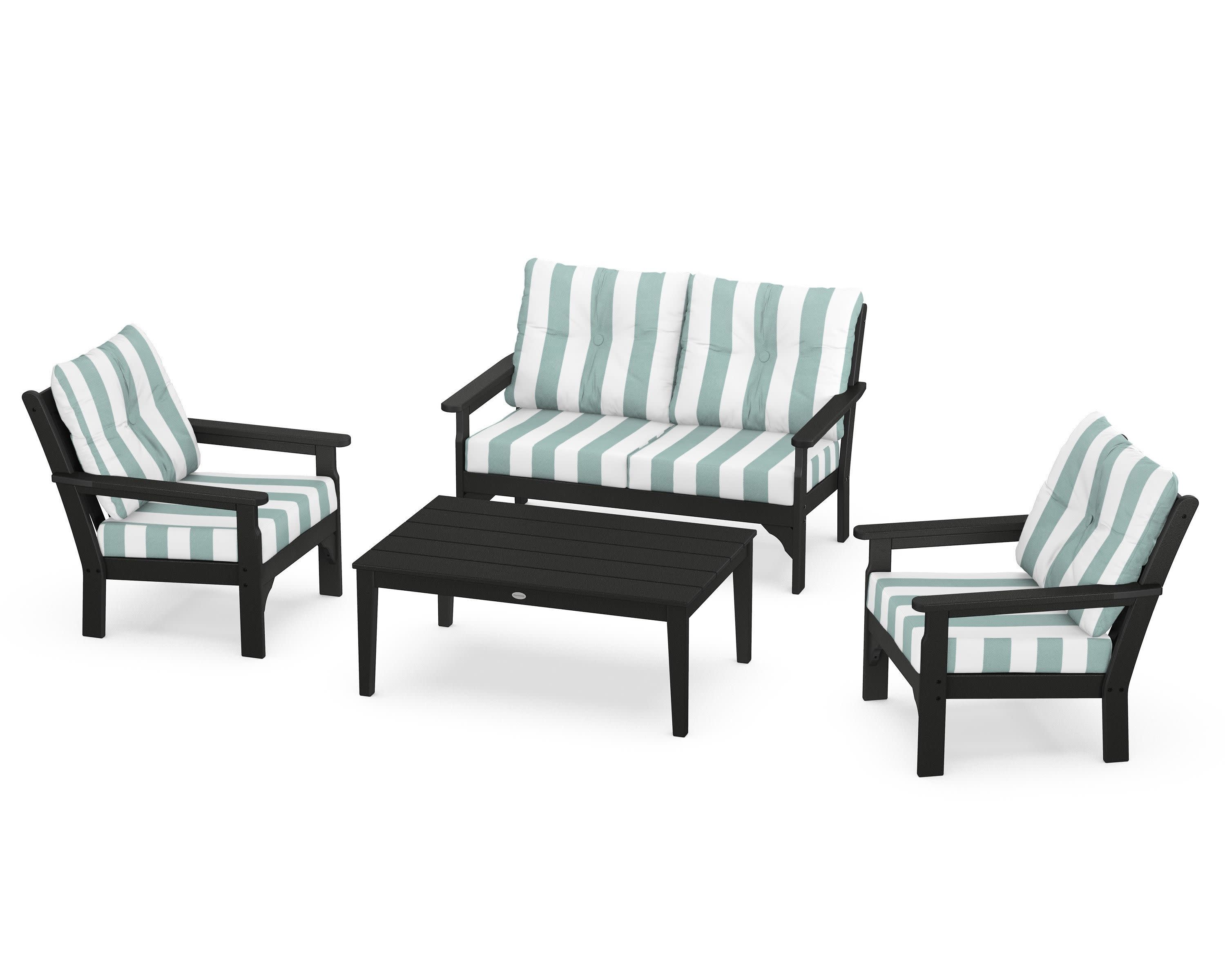 Vineyard 4-Piece Deep Seating Set in Black / Cabana Stripe Glacier Spa