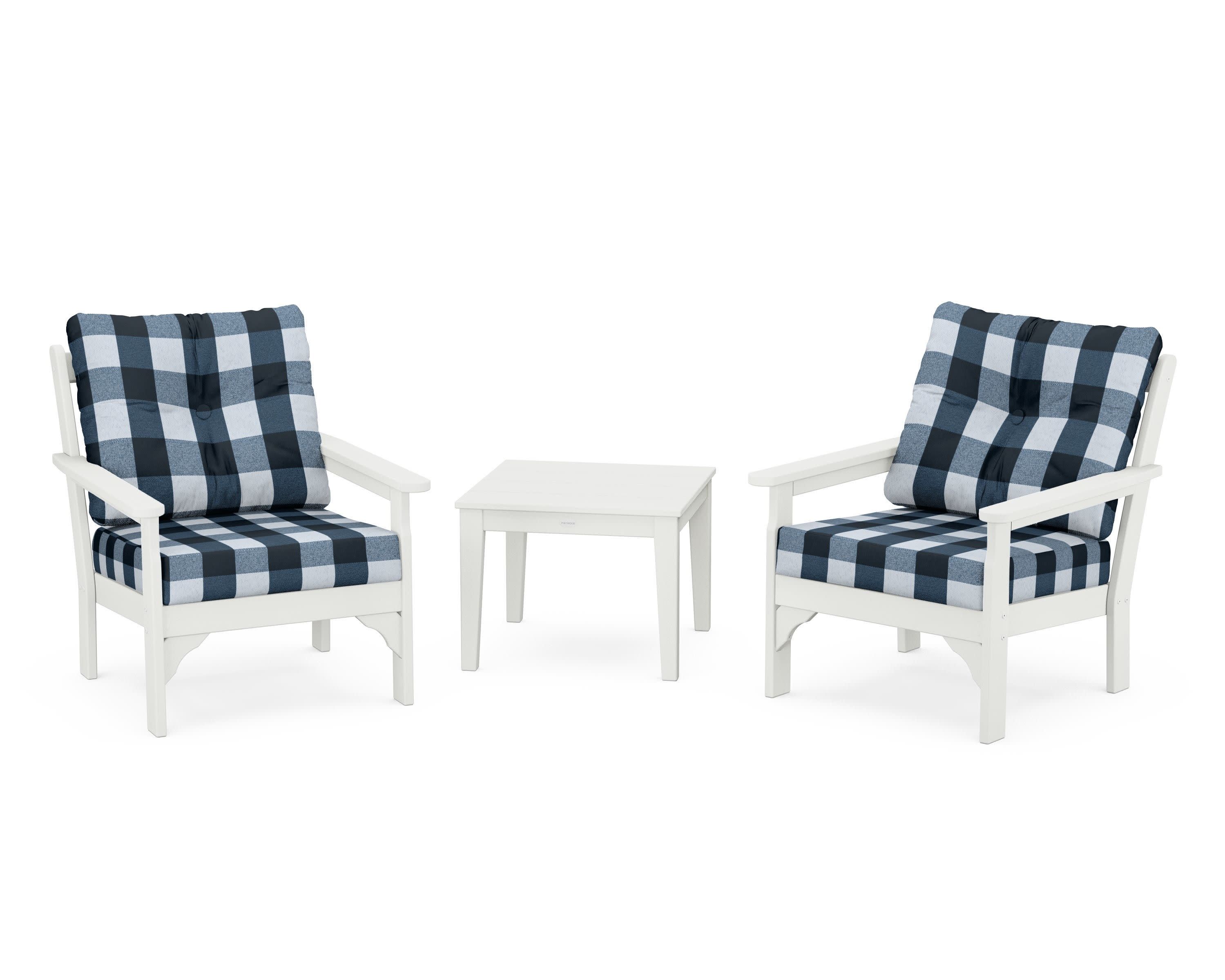 Vineyard 3-Piece Deep Seating Set in Vintage White / Buffalo Plaid Marine Indigo