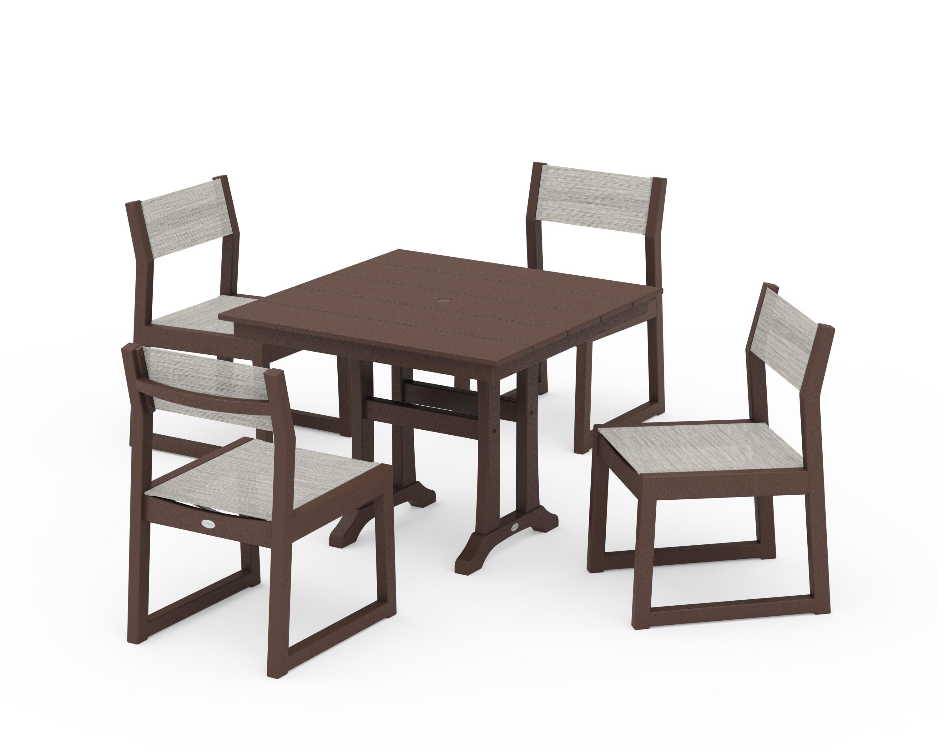 EDGE Sling 5-Piece Farmhouse Trestle Side Chair Dining Set in Mahogany / Birch Sling