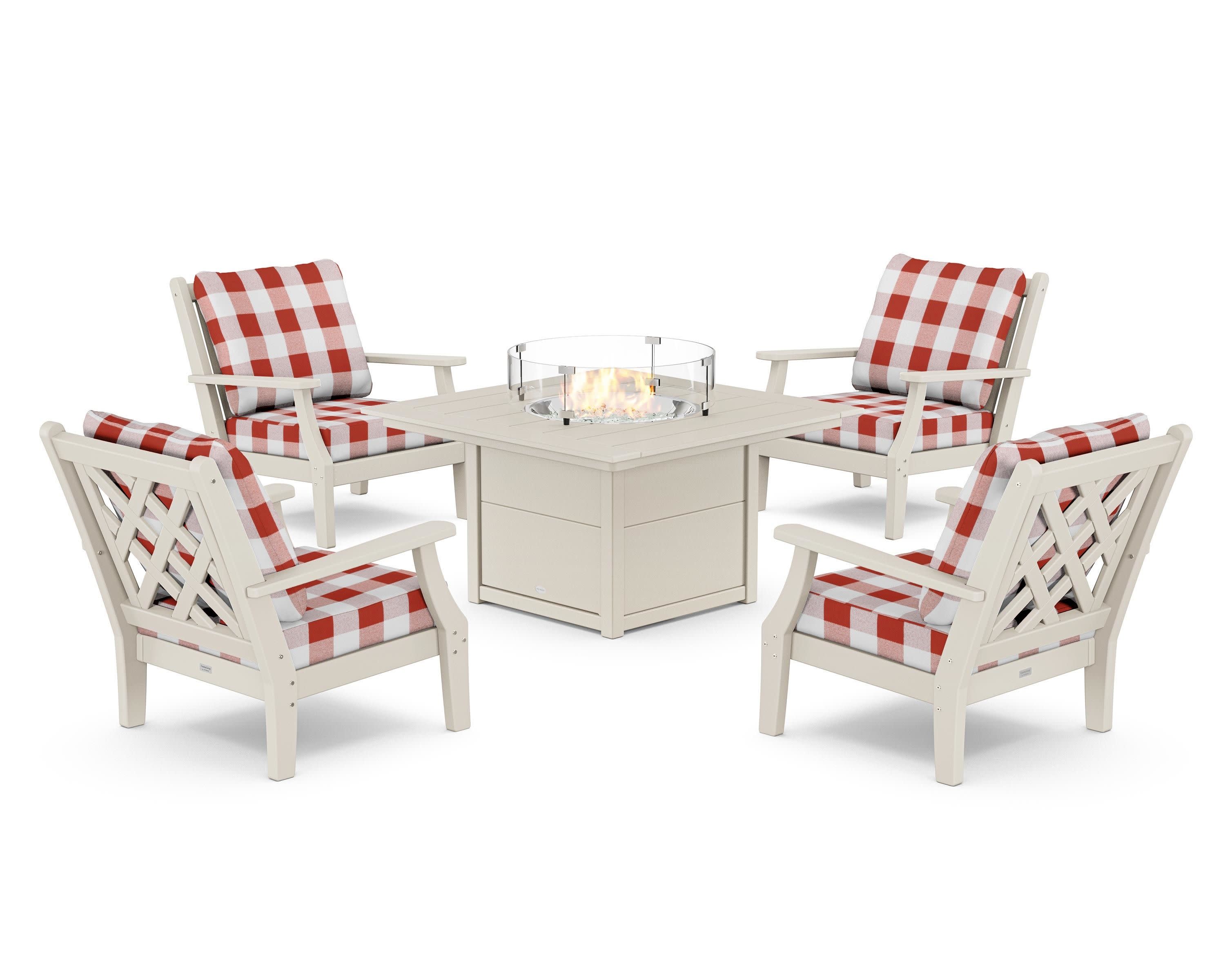 Wovendale 5-Piece Deep Seating Set with Fire Pit Table in Sand / Buffalo Plaid Crimson