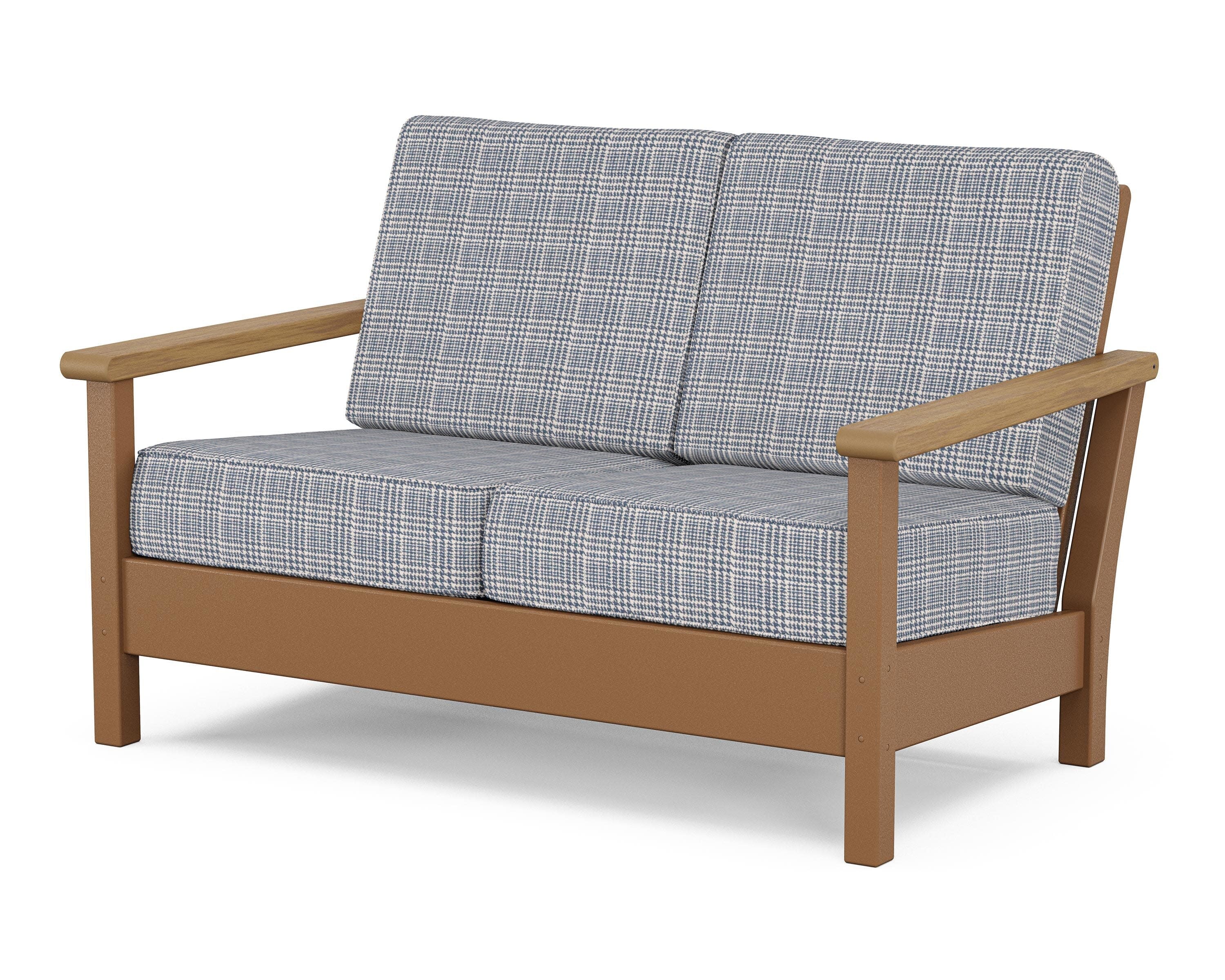 Harbour Deep Seating Loveseat in Teak / Natural / Houndstooth Sky Blue